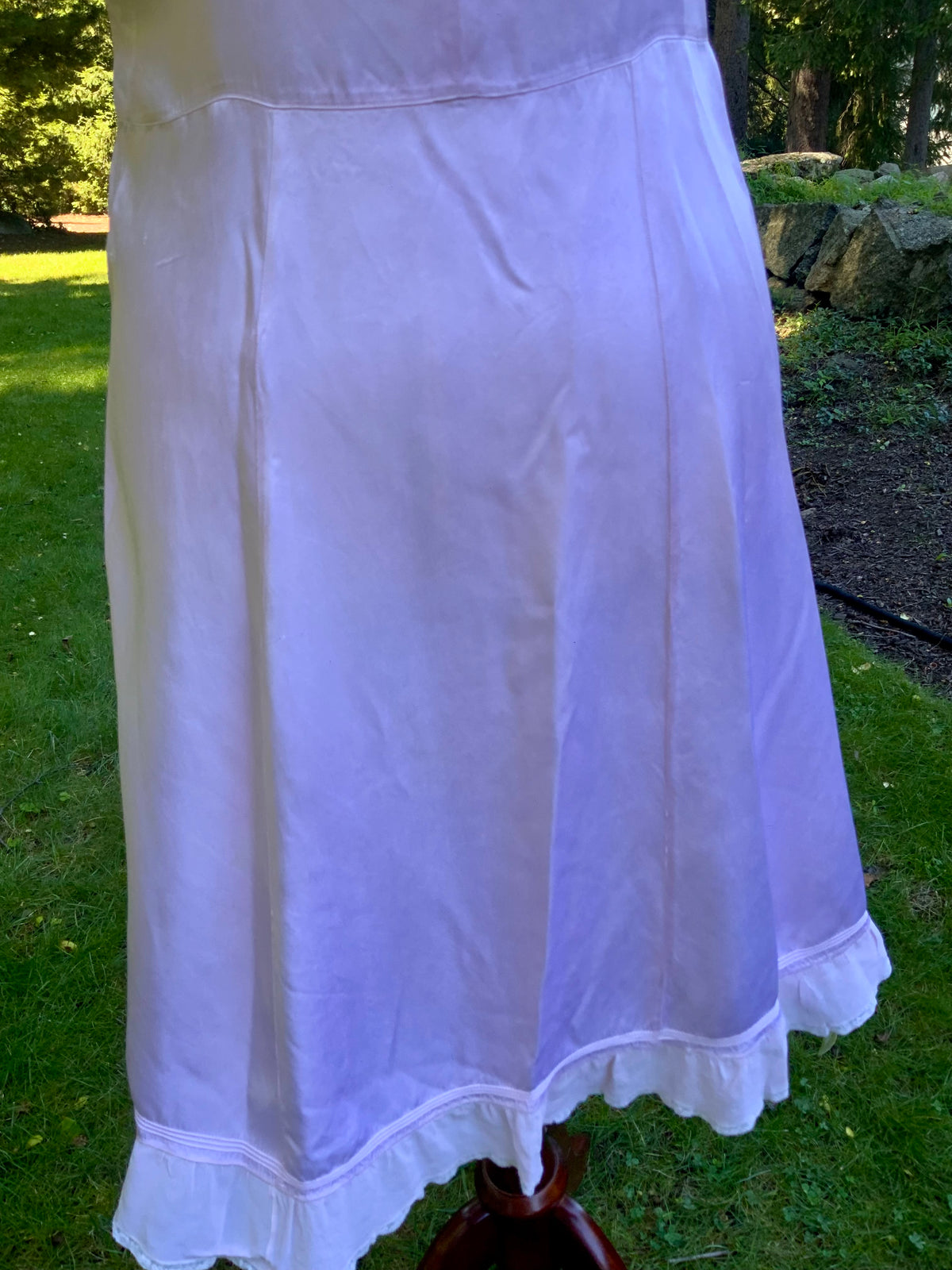 1930s Pink Satin Slip Dress with Lace and Chiffon Ruffle.30CJ