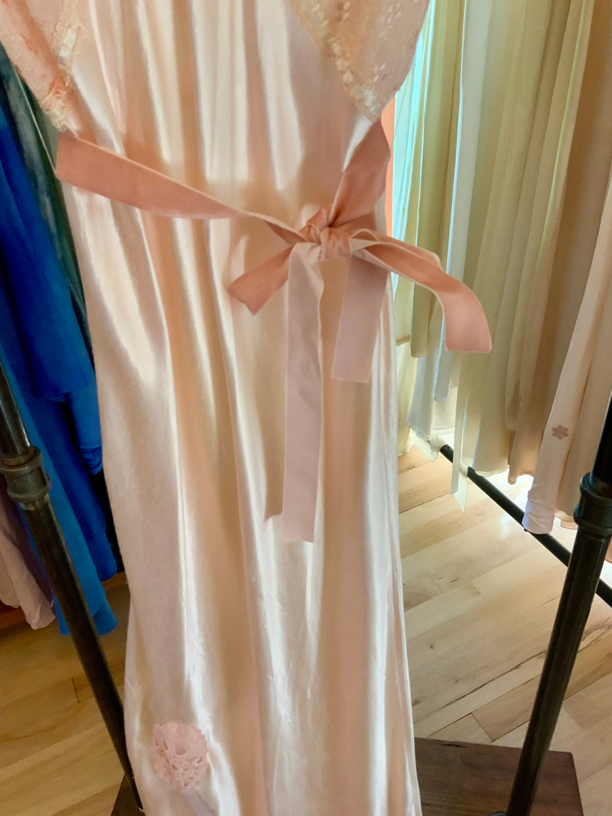 1930s Blush Pink Satin Nightgown with Sheer Embroidered Bodice.30CK