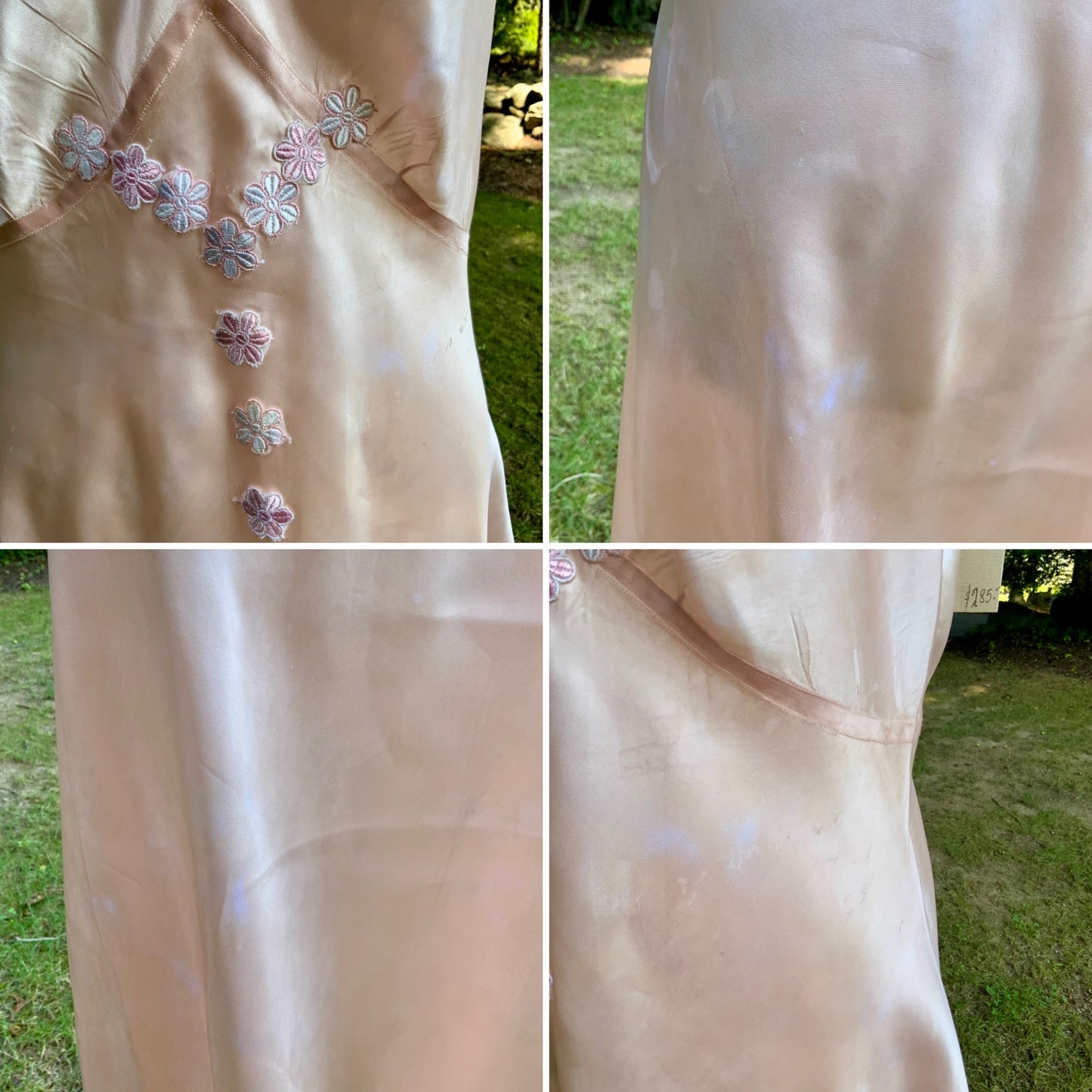 1940s Vintage Peach Satin Slip Dress Embroidered Floral Bodice Restored Bridal Boudoir Nightgown.40CG