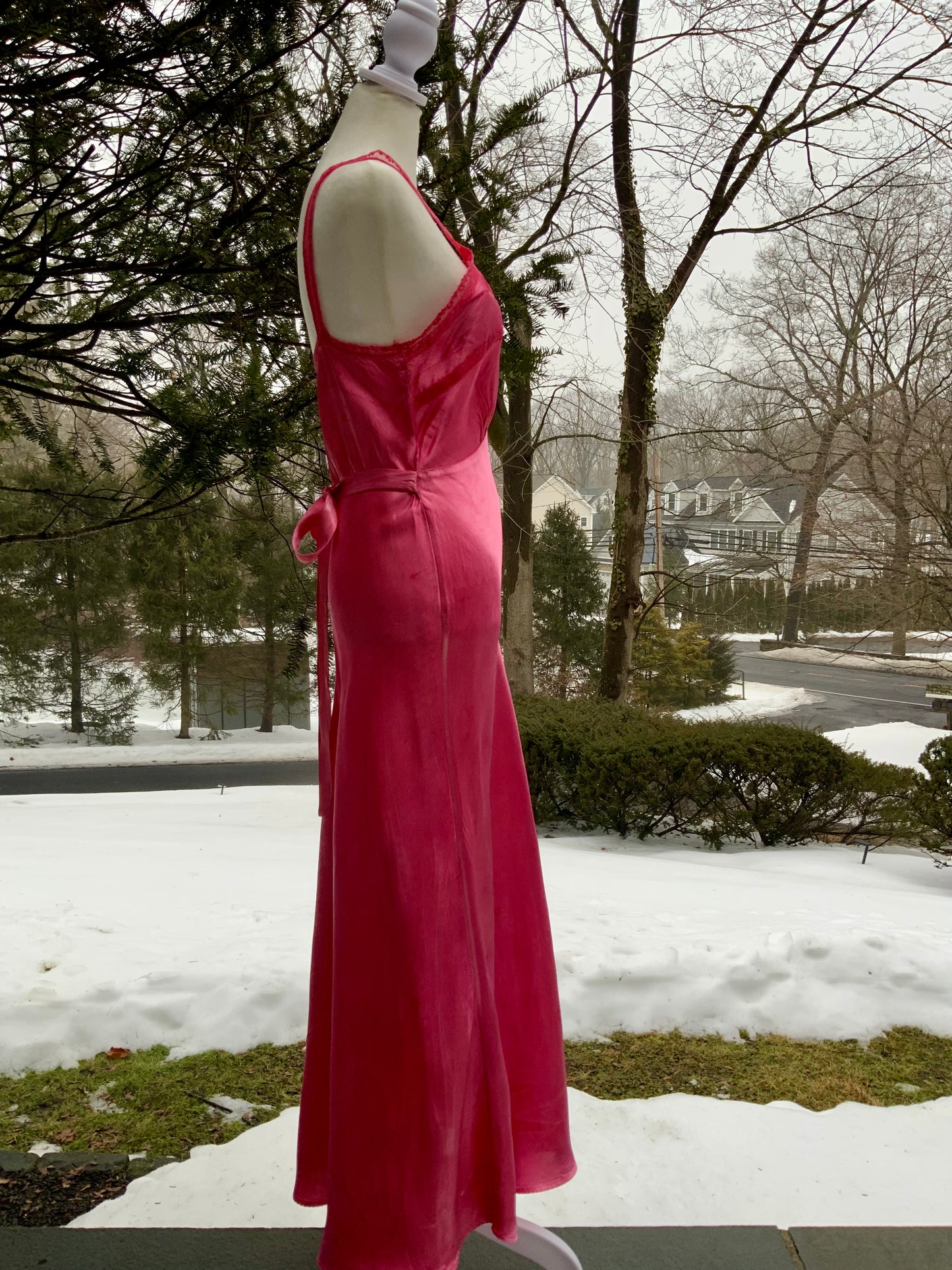 Authentic 1930s 1940s Bias Cut Satin Nightgown | Hand Dyed Coral Pink | Original Belt | Vintage Dress - 40AB