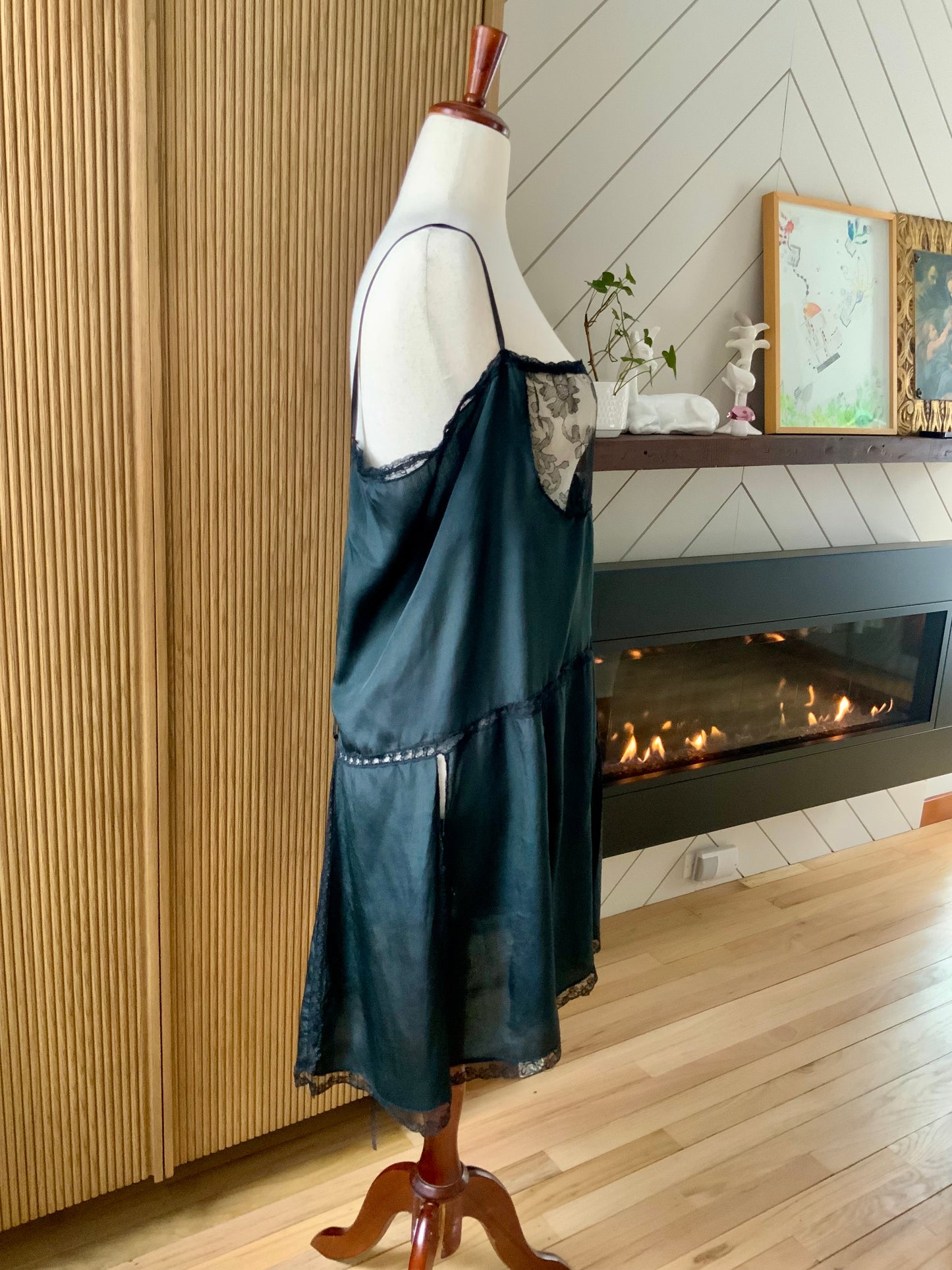 1920s–30s Pure Silk Boudoir Slip Dress — Black with Antique Lace Inset-XL-20AK