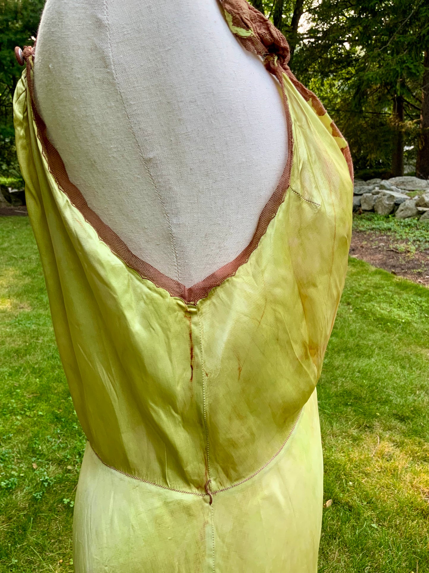 1930s Hand Dyed     Botanical Inspired Hand Dyed Silk Slip Dress. One of a Kind Woodland Fairy Bias Cut Gown.30BZ