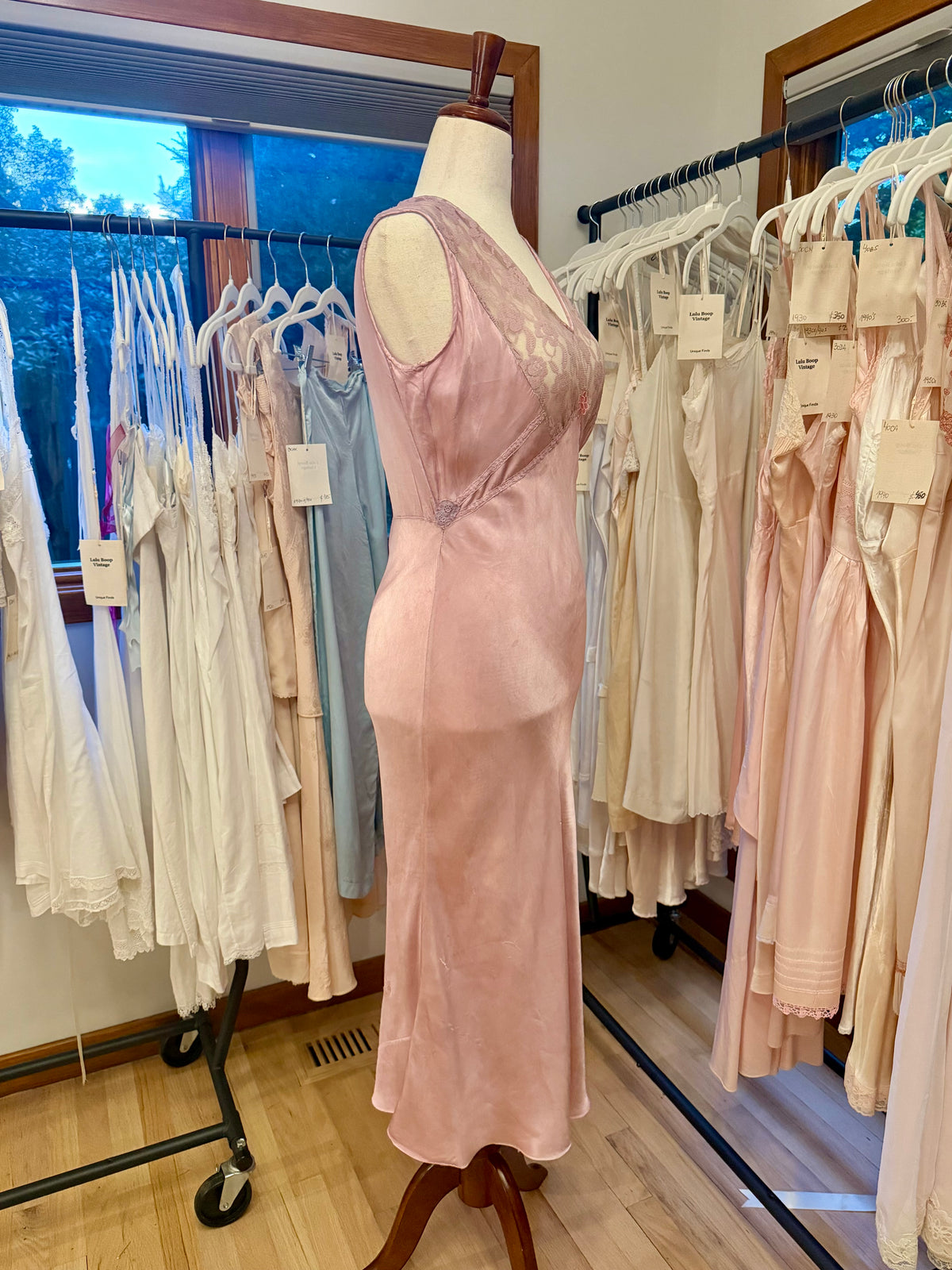 1930s Hand Dyed Dusty Lilac Satin & Floral Lace Bias-Cut Nightgown.40CE