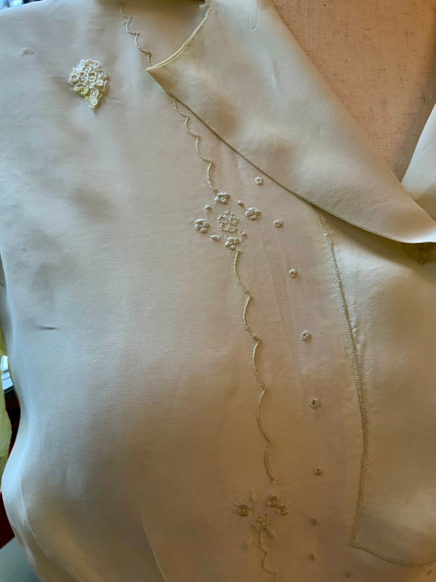 Authentic 1930s 1940s Ivory Silk Satin Day Dress Embroidered Vintage Dress- 40AO