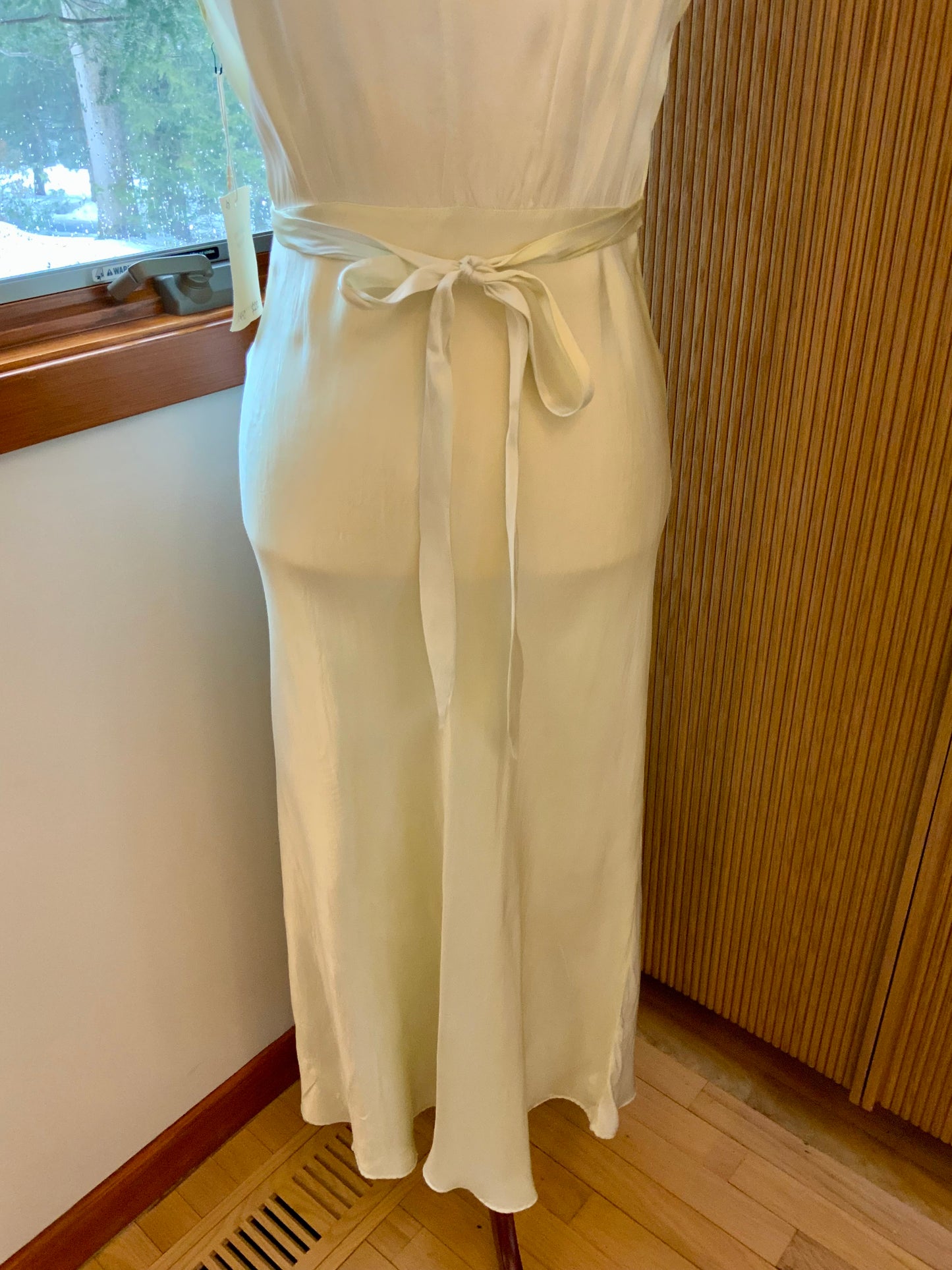 1970s Hand Dyed Bias Cut Satin Gown | 1940s Inspired Lace Bodice Maxi Dress | Pale Celadon Vintage Slip Dress- 40V