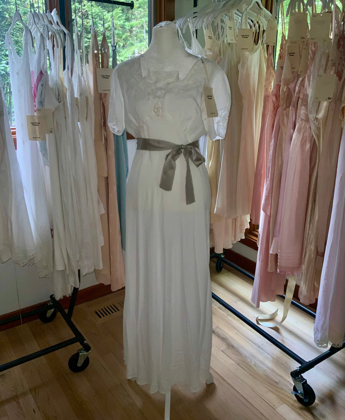 Circa 1930s–1940s White Satin Nightgown with Floral Lace and Ribbon Sash.