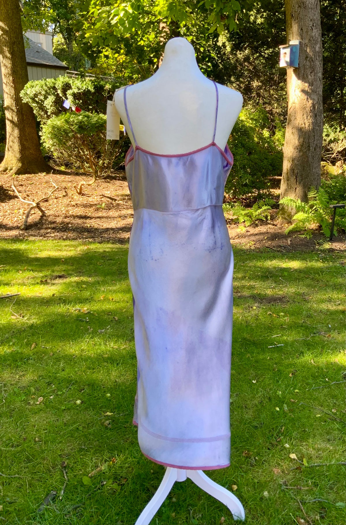 1930s/40s  Hand-Dyed Lilac Satin Slip Dress with Floral Embroidery.40BV