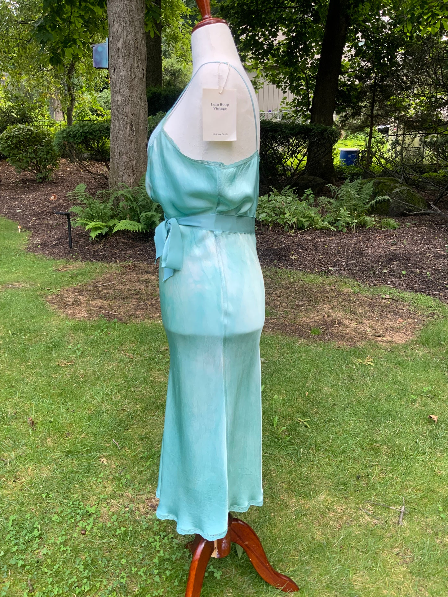 1930s Hand-Dyed Aqua Satin Slip Dress. Embroidered Bias Cut Slip with Sash.40CB