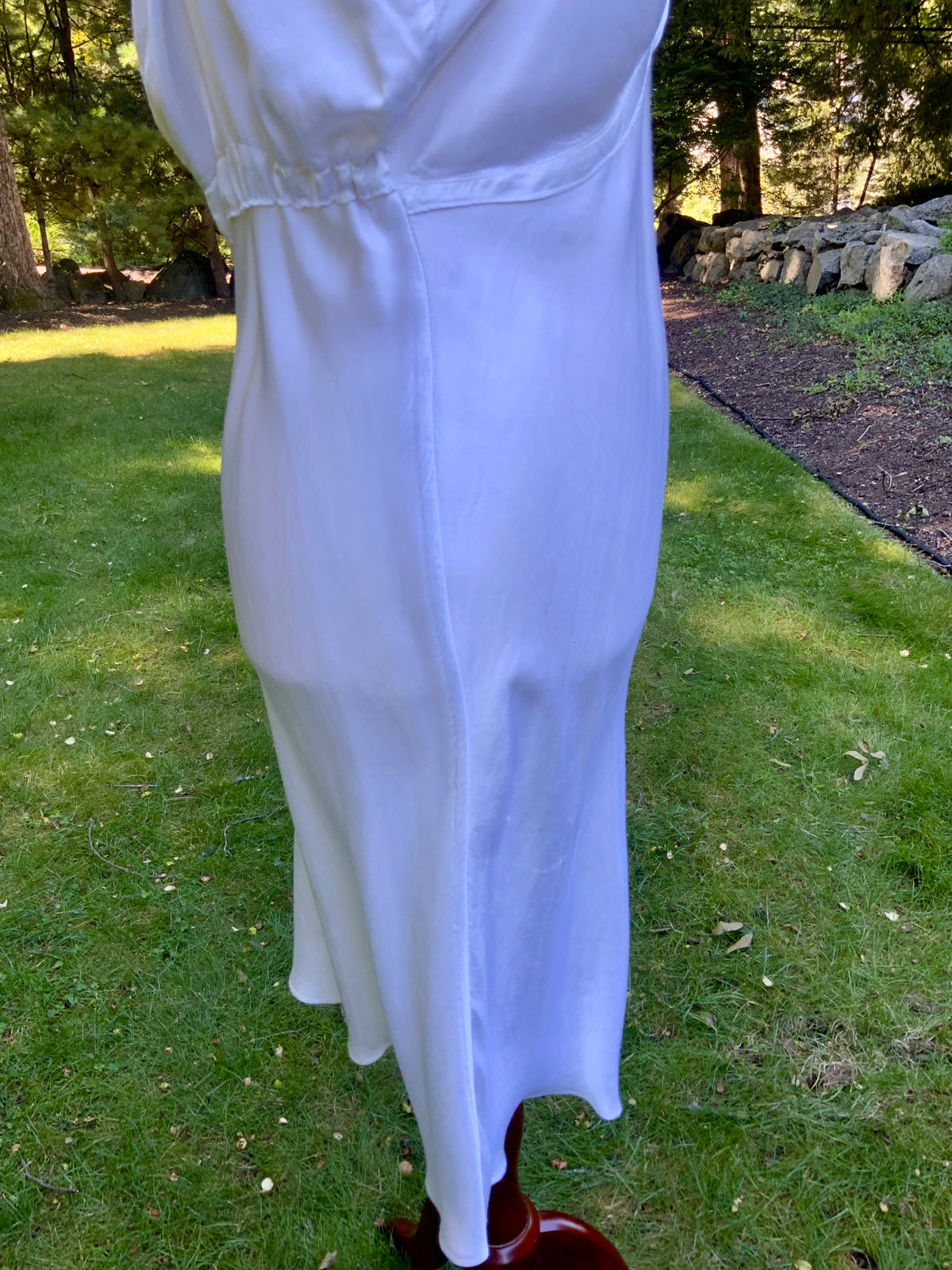 1930s White Satin Slip Dress Bias Cut Bridal Lingerie with Lace and Pleated Bust.40BU