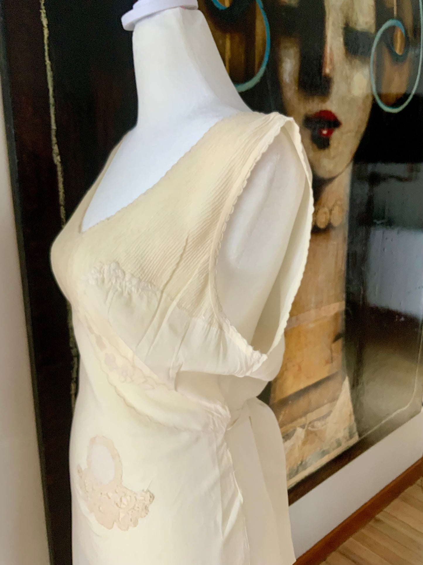 Antique 1930s–40s Pure Silk Nightgown — Ivory Bias Cut Slip Dress with Pintucks & Embroidery-40AT