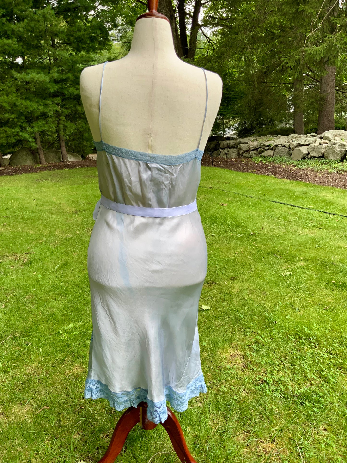 1930s Hand-Dyed Ice Blue Satin and Lace Bias-Cut Full Slip.50BA