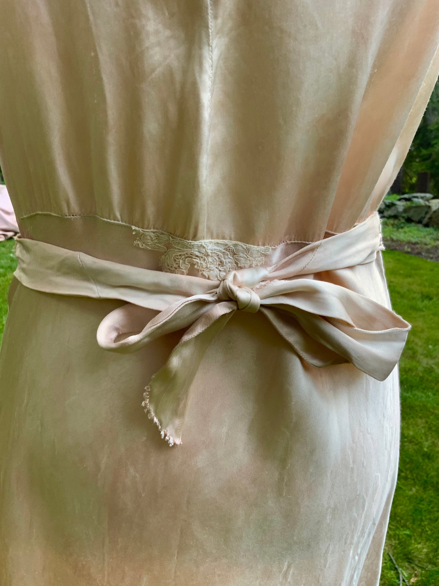Late 1930s Tea Dyed Champagne Satin Gown Hollywood Glamour Vintage Bridal Slip Dress Boudoir-40BM