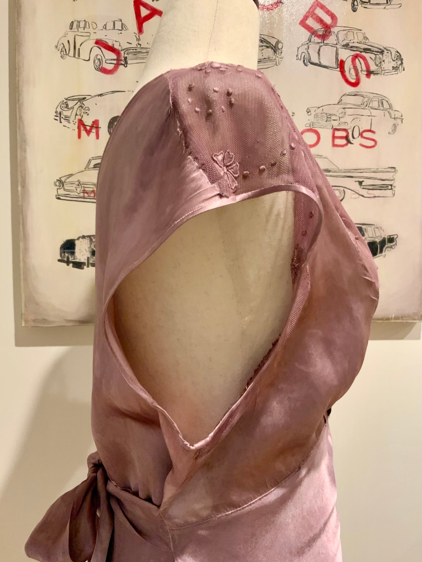 1930s Hand Dyed Mauve Bias Cut Evening Dress. Restyled Vintage Satin Gown.Embroidered Tulle.Lulu Boop Vintage-30CW