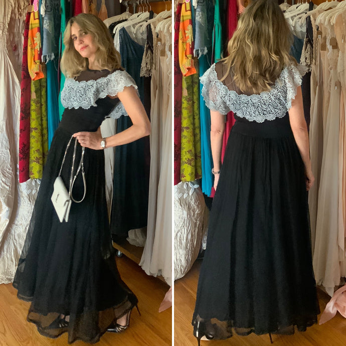 Black Evening Gown with Crochet Lace Collar - 40s