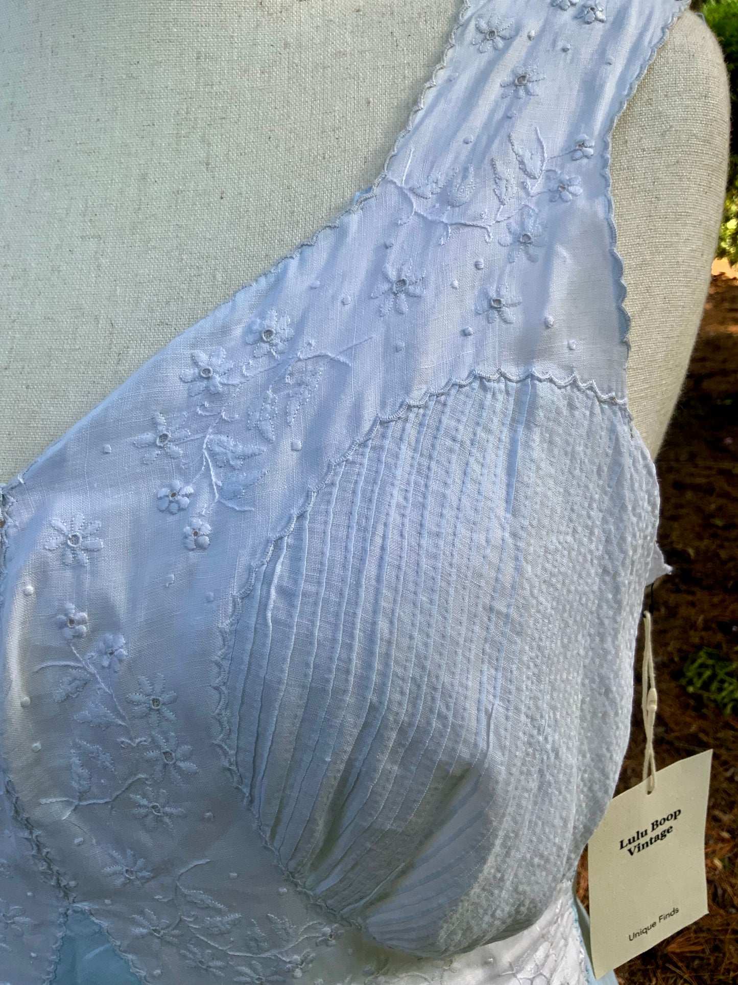 Rare Late 1930s Blue & White Cotton Dress | Embroidered Pintucked Bodice | Bias Cut | Romantic Cottage Dress | Old Hollywood-20AI