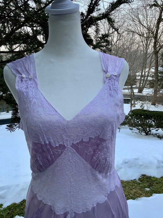 1970s Lilac Satin & Lace Gown – Hand Dyed Romantic Vintage Maxi Dress
 - 50V