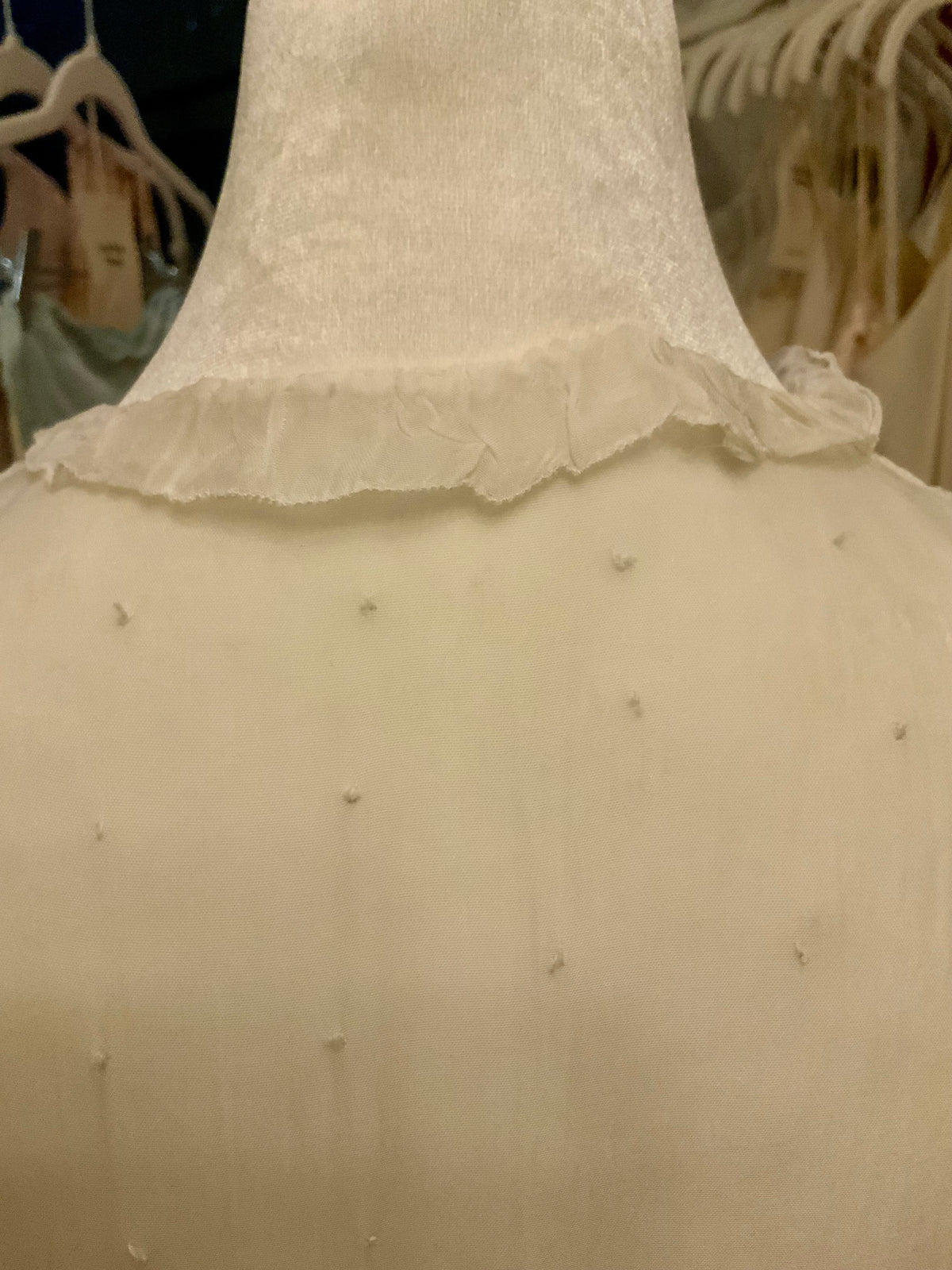 Antique Ivory Chiffon Gown with Ruffled Hem and Lace Appliqué.20ARR