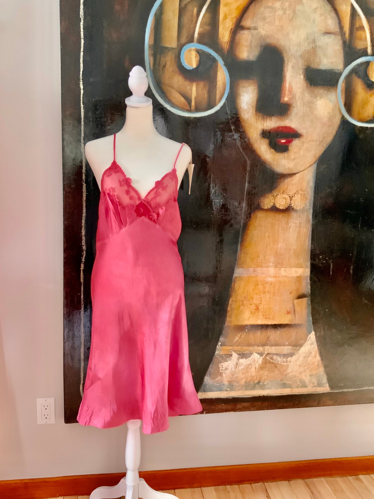 1970s Silk Slip Dress in Hand-Dyed Pink | Lace Bodice - 70F