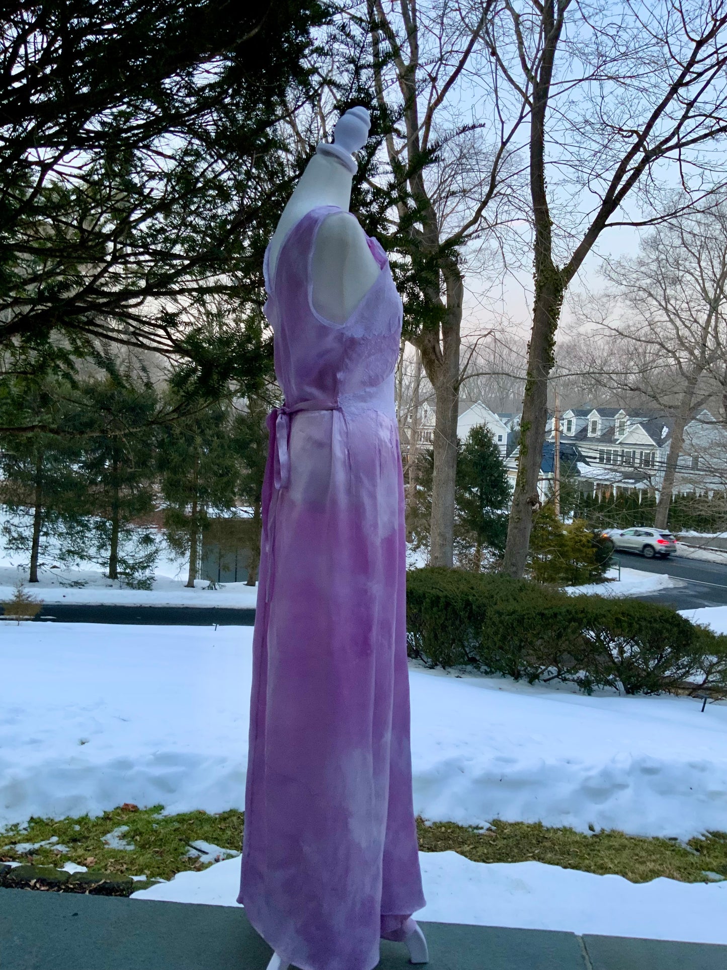 1970s Lilac Satin & Lace Gown – Hand Dyed Romantic Vintage Maxi Dress
 - 50V