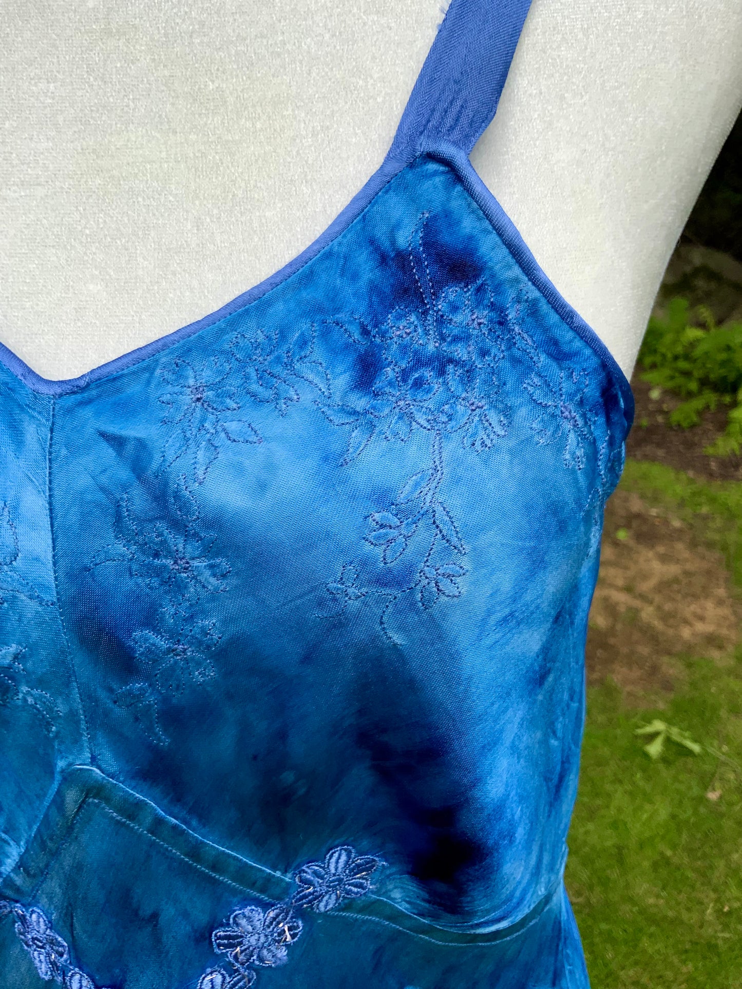 1930s Hand Dyed Blue Satin Nightgown with Floral Appliqués.40CG