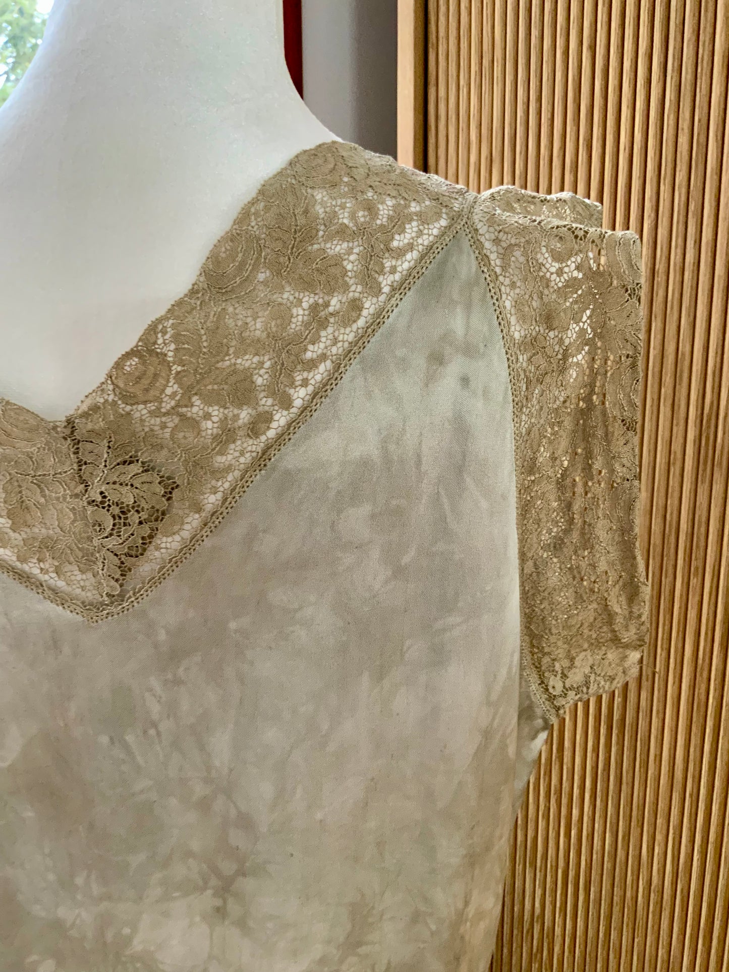 1930s Hand-Dyed Silk Satin Gown with Lace Cap Sleeves - 40AF