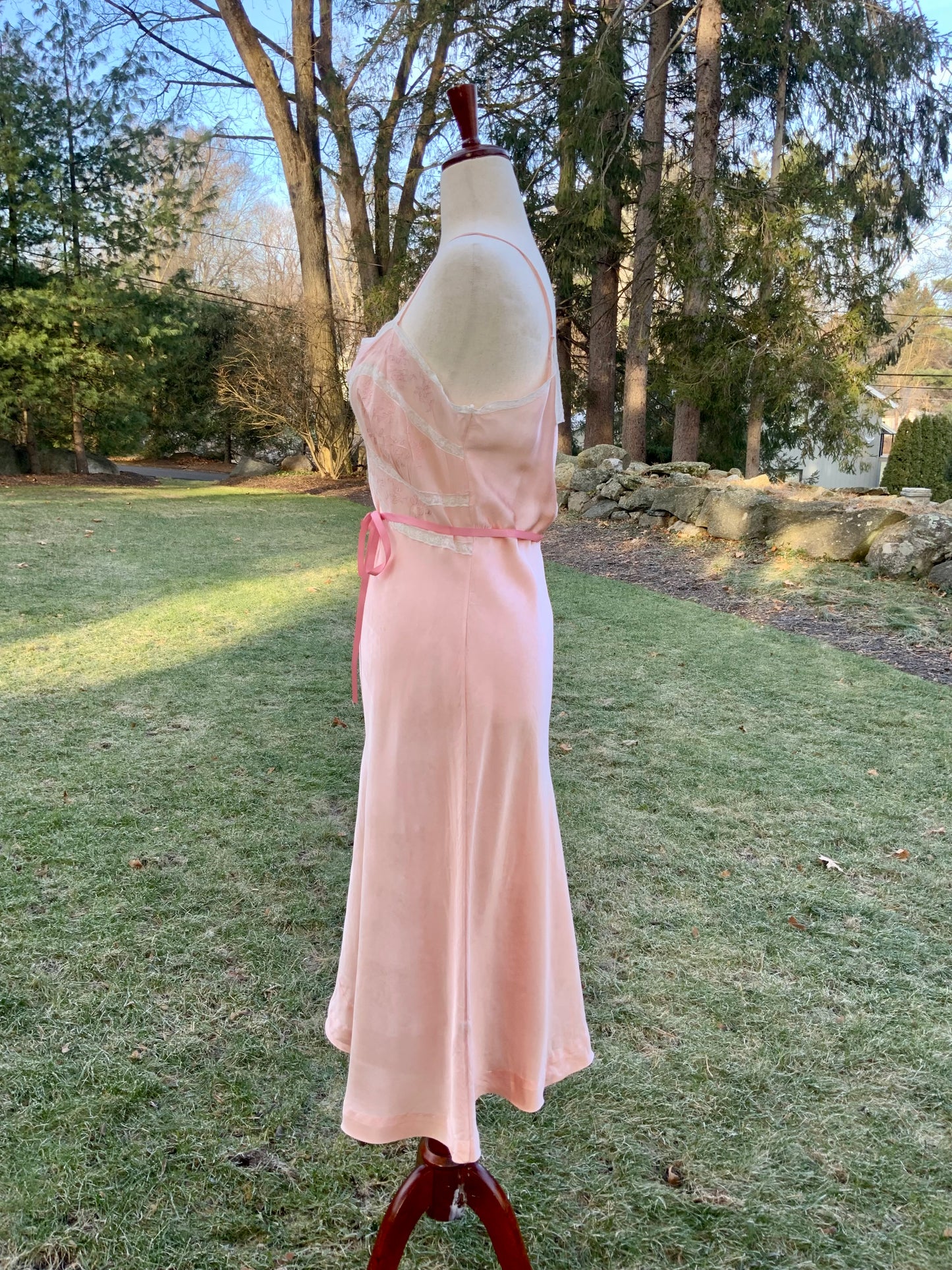 1930s Blush Satin & Chiffon Slip Dress – Floral Embroidery & Lace Panels - 30BA