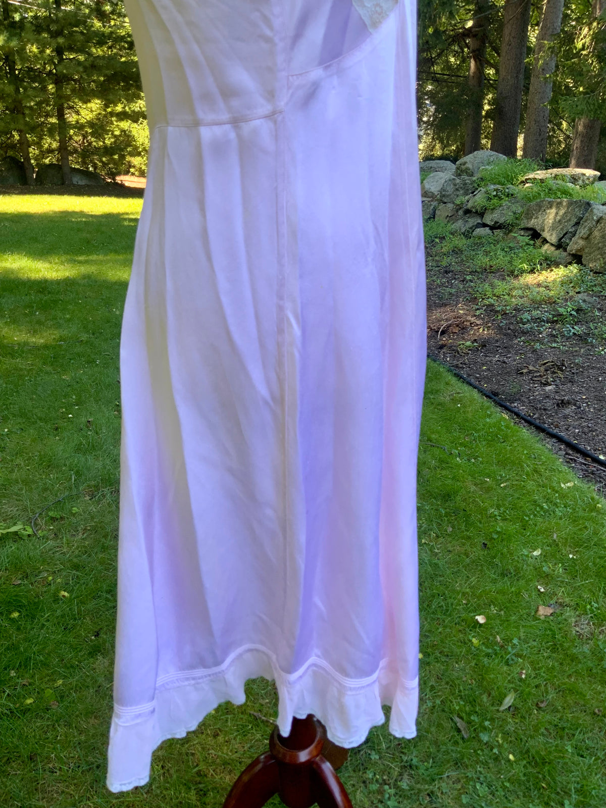 1930s Pink Satin Slip Dress with Lace and Chiffon Ruffle.30CJ