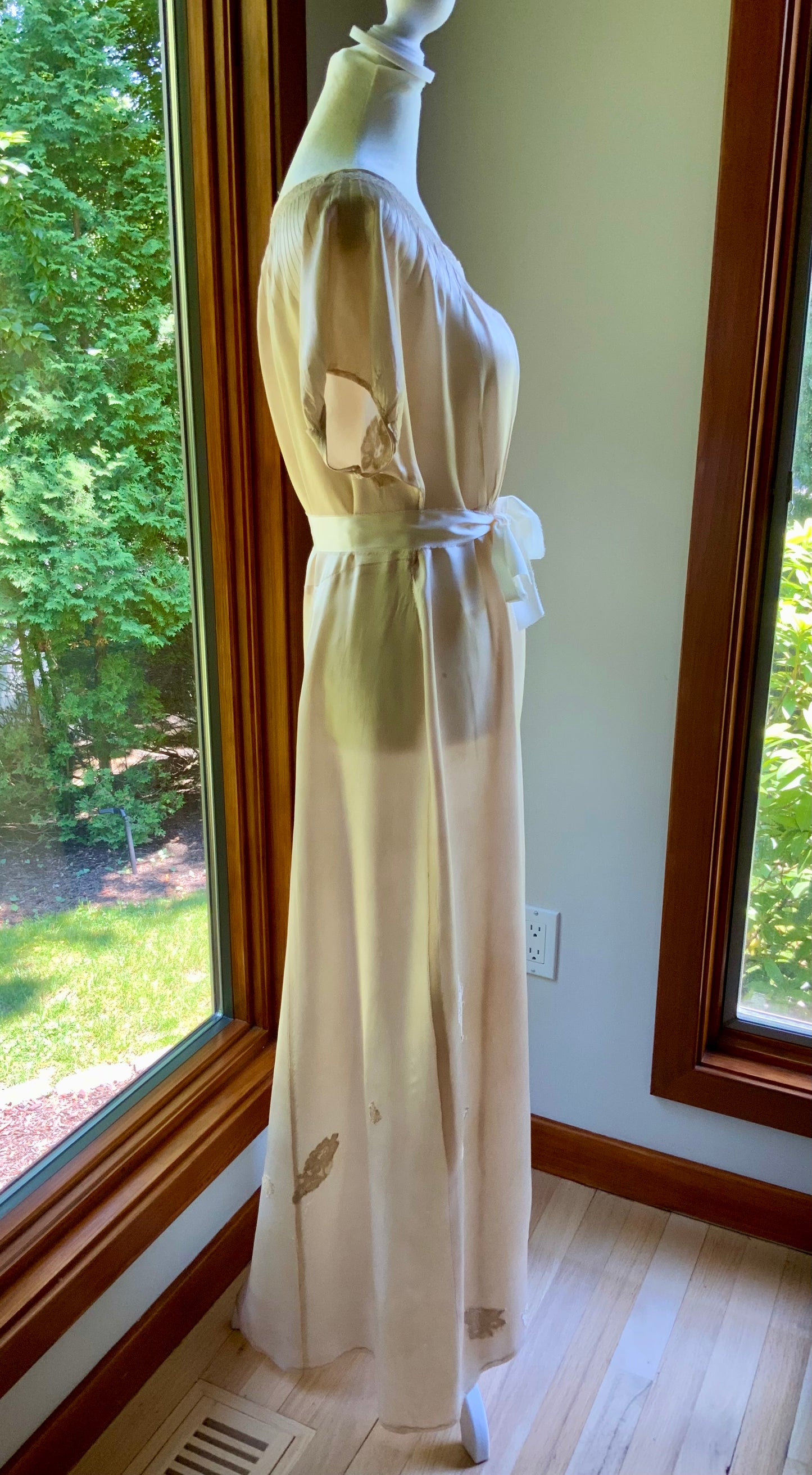 1930s Tea Dyed Silk Gown | Restored Antique Silk Lounge Dress | Lace Appliqué