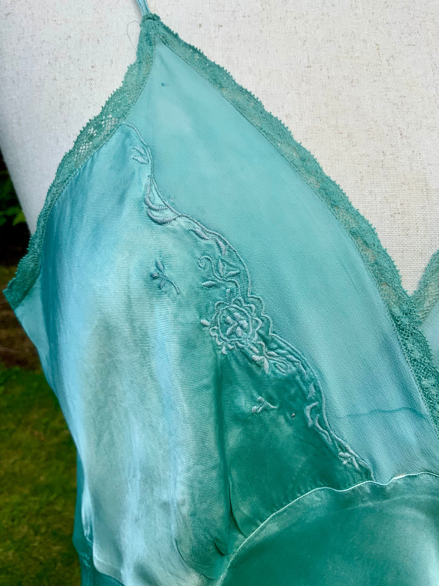 1930s Hand-Dyed Aqua Satin Slip Dress. Embroidered Bias Cut Slip with Sash.40CB