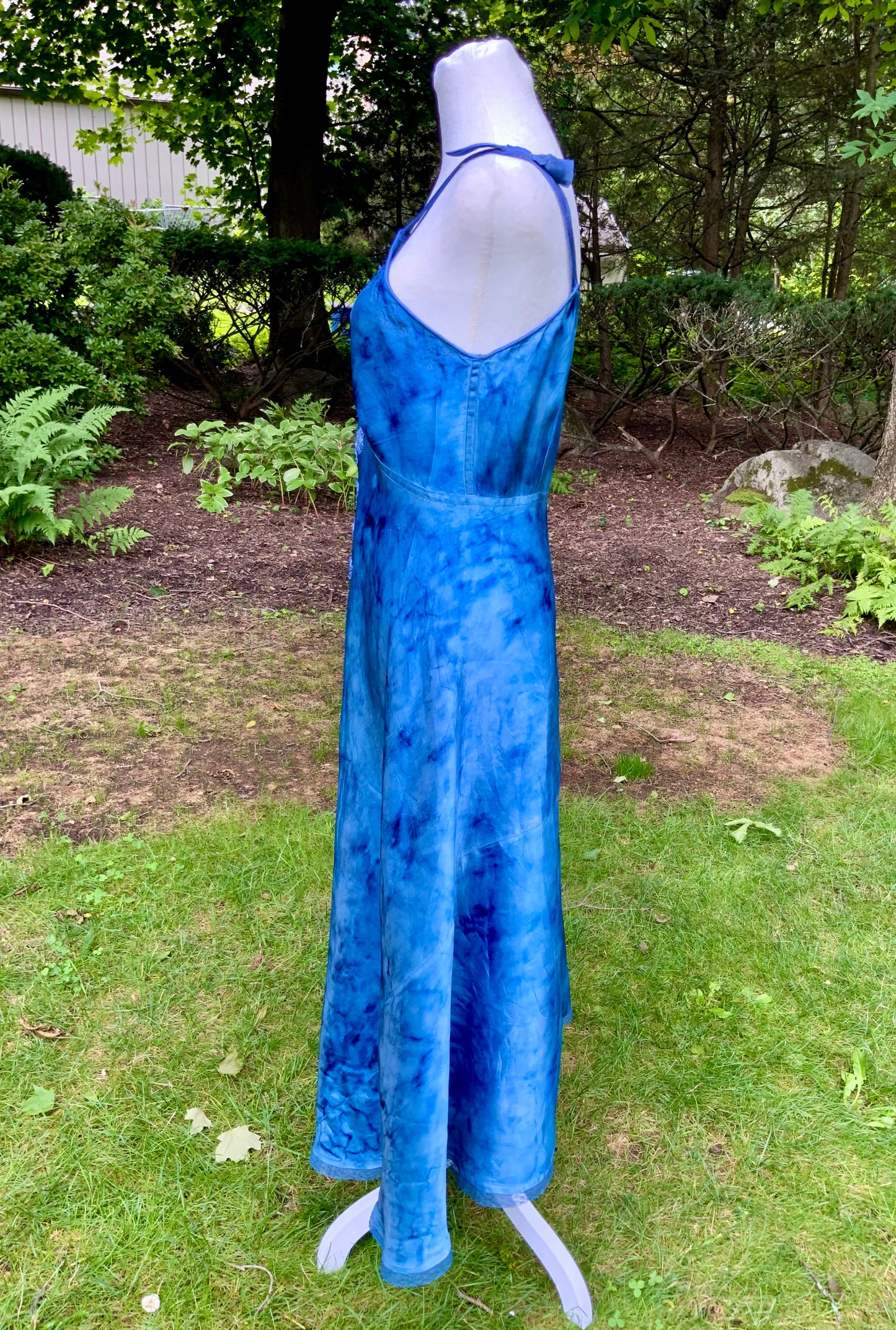 1930s Hand Dyed Blue Satin Nightgown with Floral Appliqués.40CG