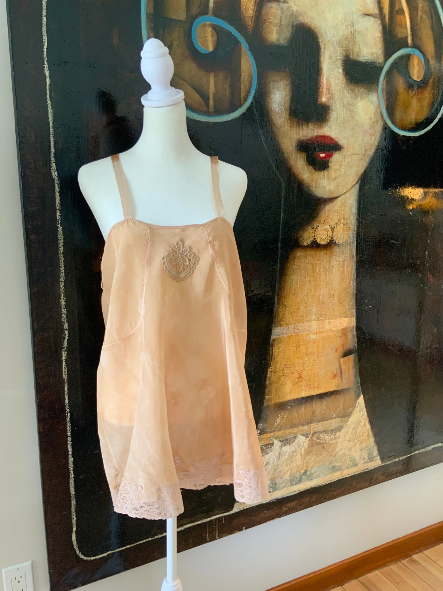 1920s–30s Tea-Dyed Silk Boudoir Teddy | Antique Peach Silk Chemise | Restored Lace Lingerie | Romantic French Style Teddy-20AM