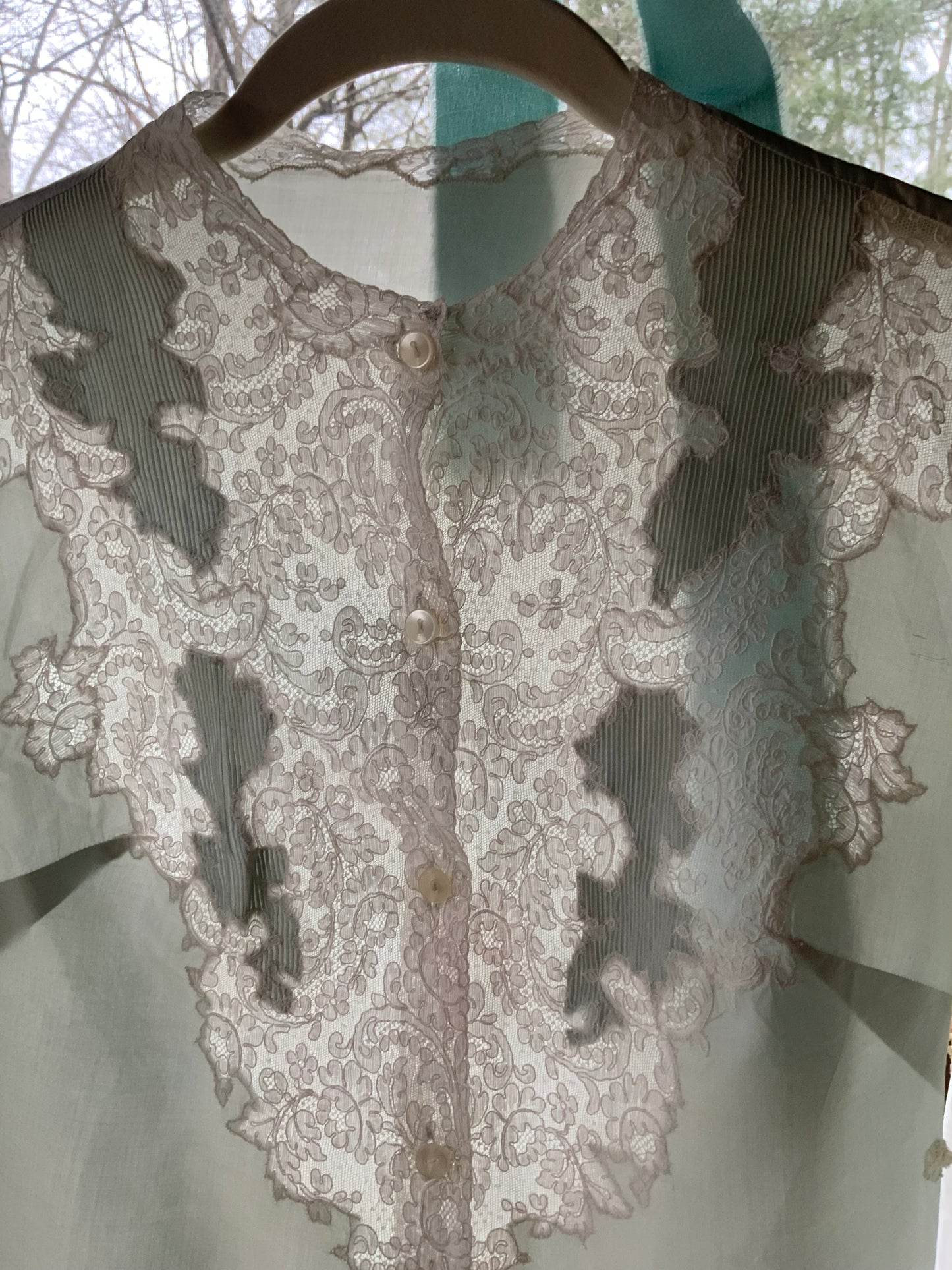 1940s Silk Satin Blouse with Lace Appliqué | Mint Green | Edwardian Revival-40AT