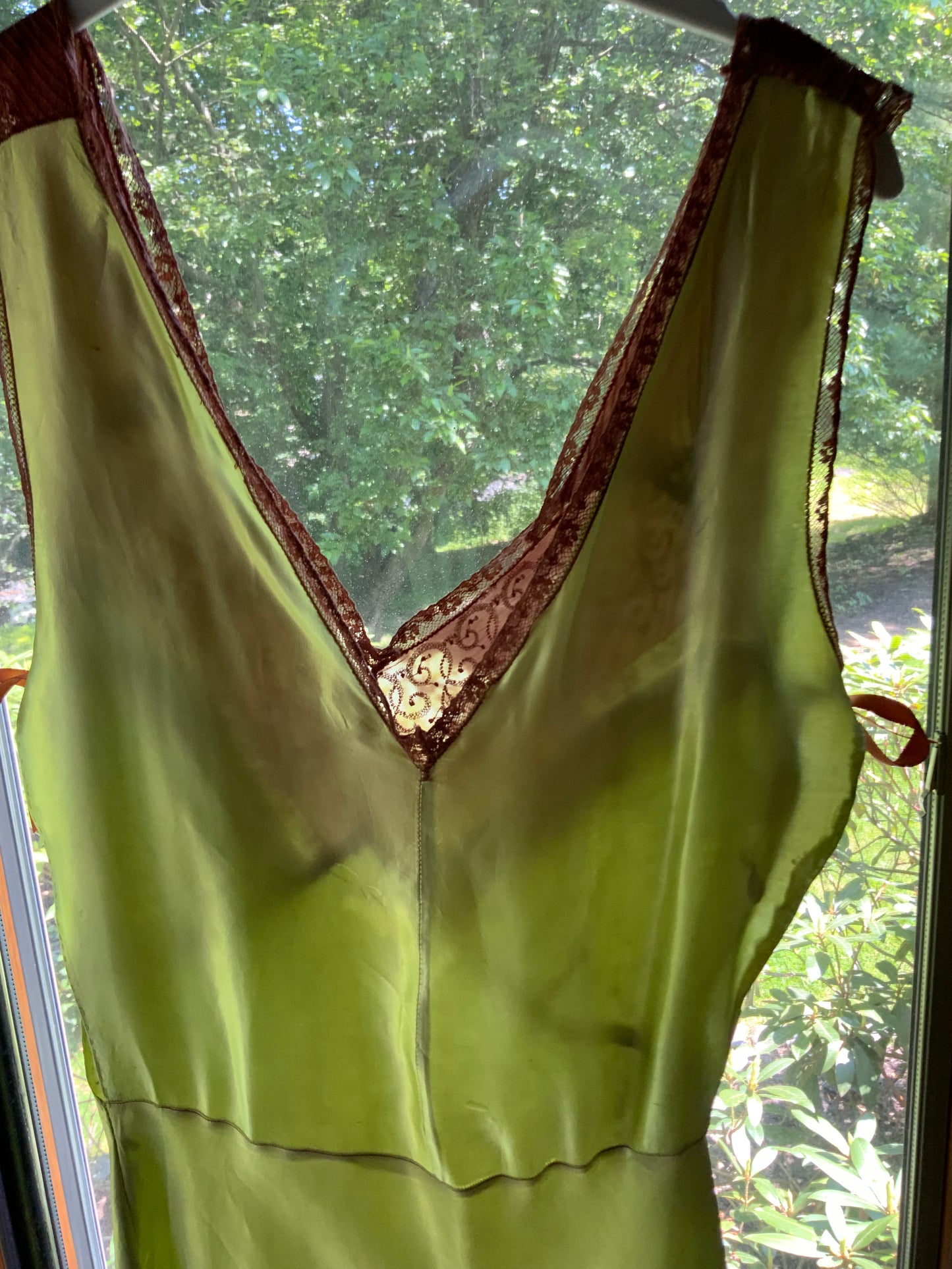 Hand Dyed Antique Silk Slip Dress Chartreuse Green Artist Reimagined 1930s 1940s Silk Nightgown One of a Kind Wearable Art-40C