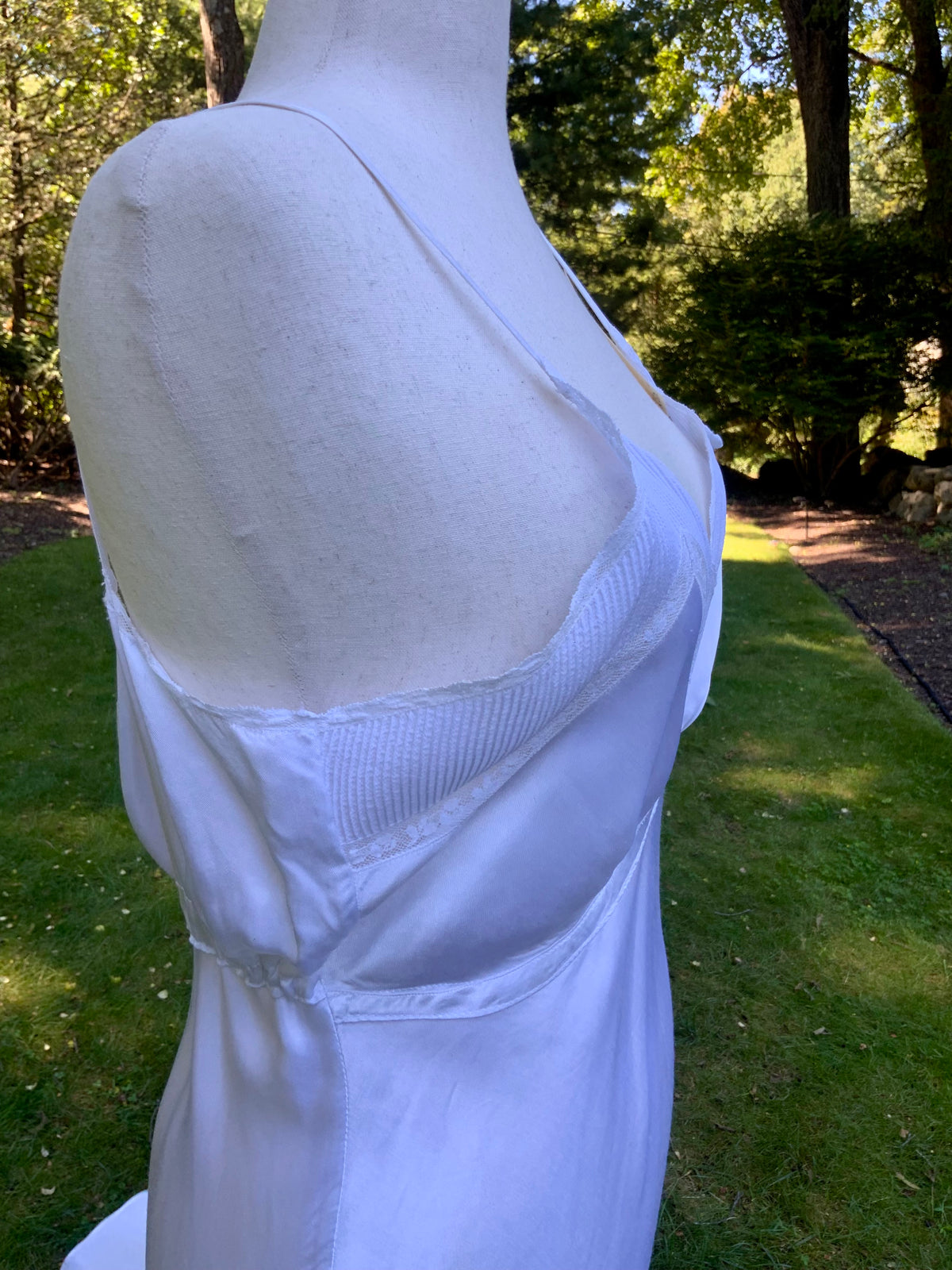 1930s White Satin Slip Dress Bias Cut Bridal Lingerie with Lace and Pleated Bust.40BU