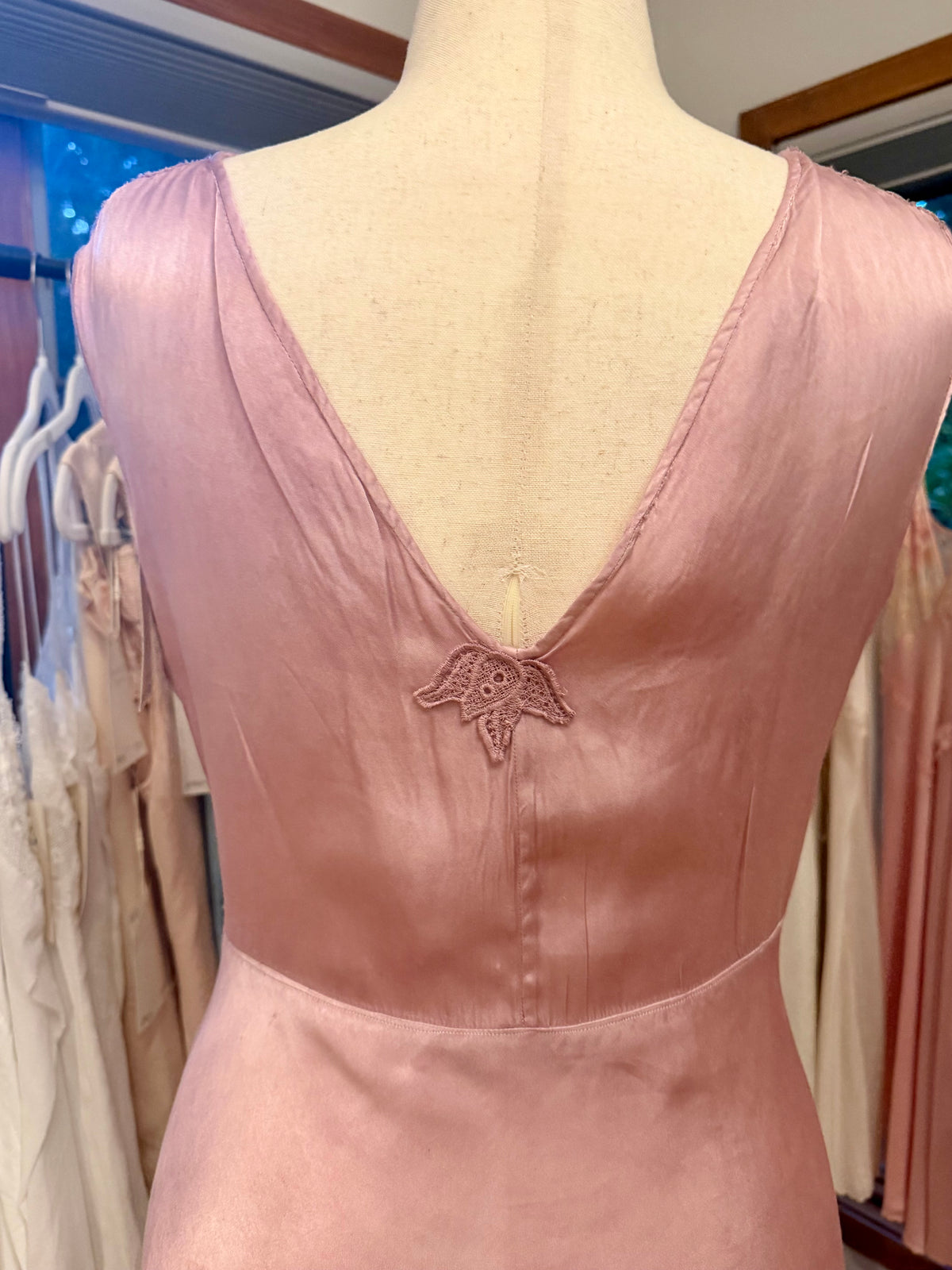 1930s Hand Dyed Dusty Lilac Satin & Floral Lace Bias-Cut Nightgown.40CE