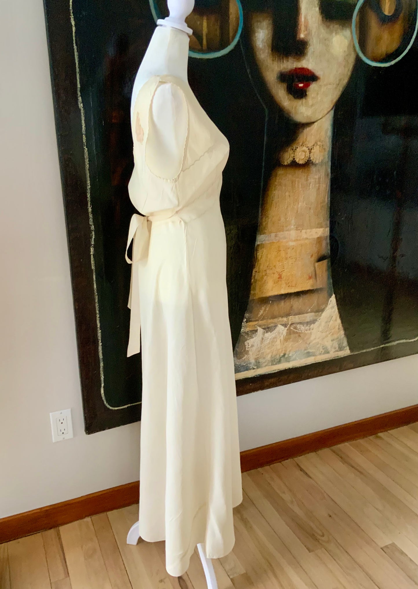 Antique 1930s–40s Pure Silk Nightgown — Ivory Bias Cut Slip Dress with Pintucks & Embroidery-40AT
