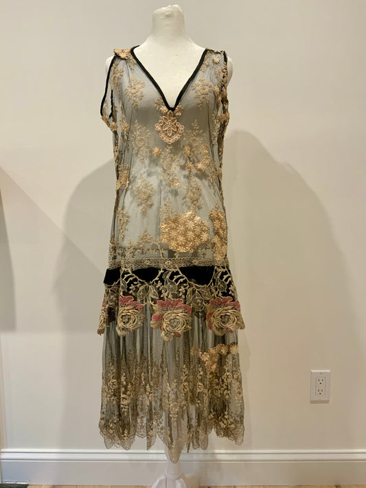 Rare 1920s French Lace Dress. Black Net & Pink Floral Embroidery. Restored Antique Flapper Dress.20AT.
