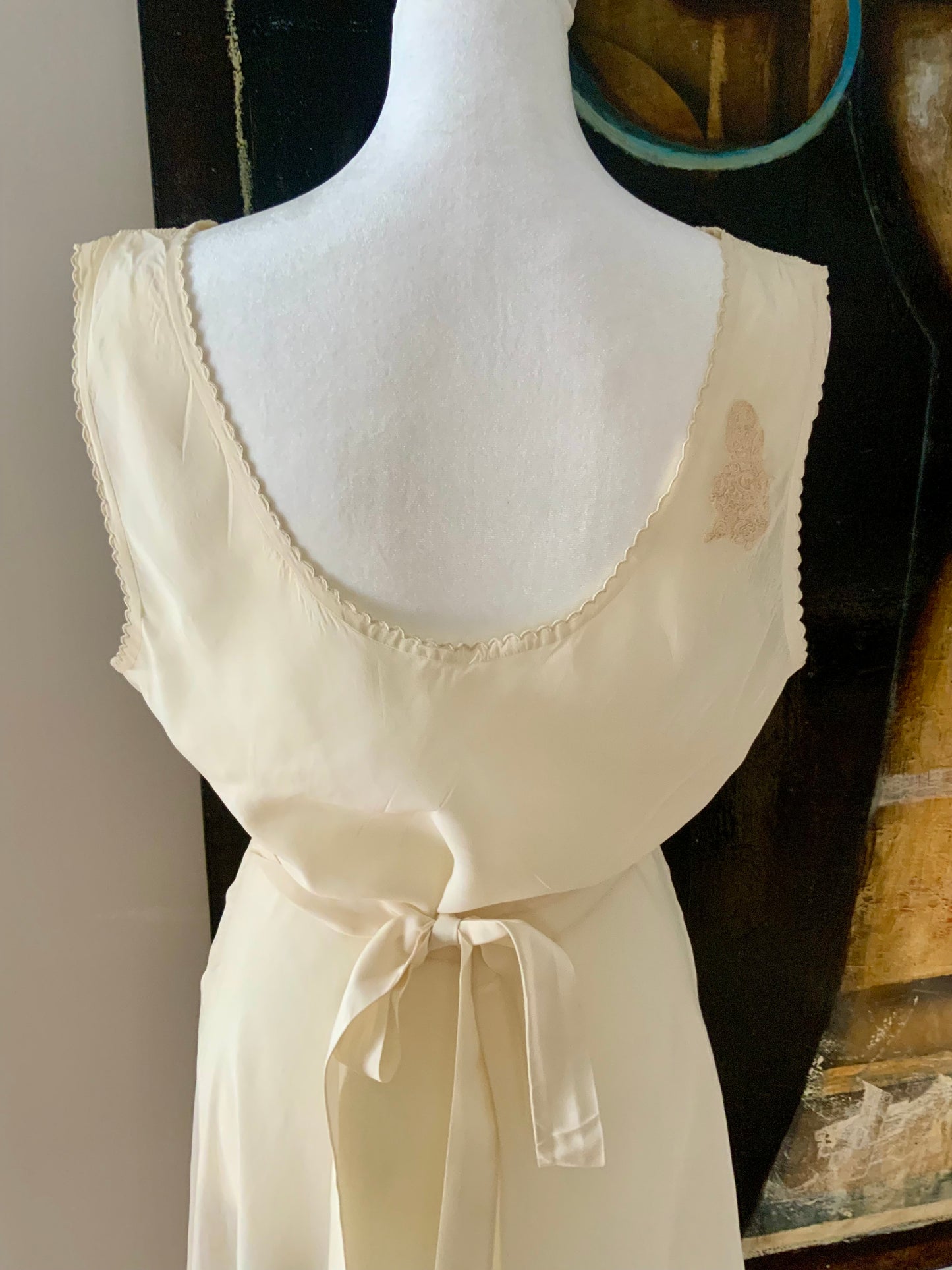 Antique 1930s–40s Pure Silk Nightgown — Ivory Bias Cut Slip Dress with Pintucks & Embroidery-40AT