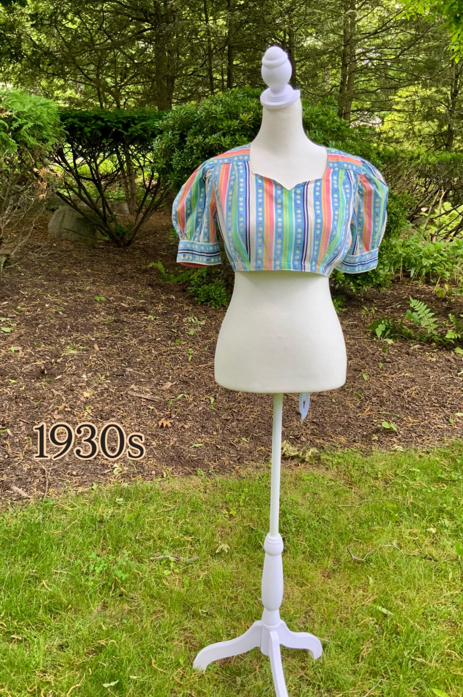 Rare 1930s Floral Stripe Button Back Blouse | Puff Sleeve Crop Top-30CZ