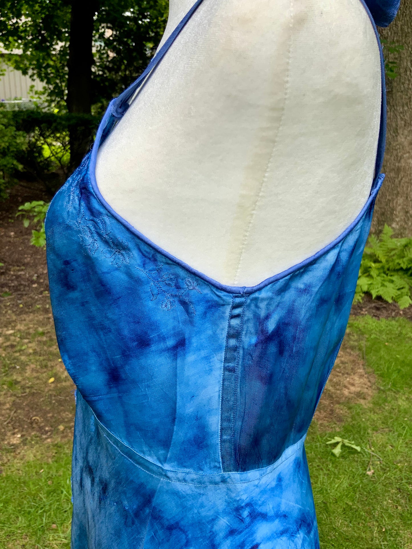 1930s Hand Dyed Blue Satin Nightgown with Floral Appliqués.40CG