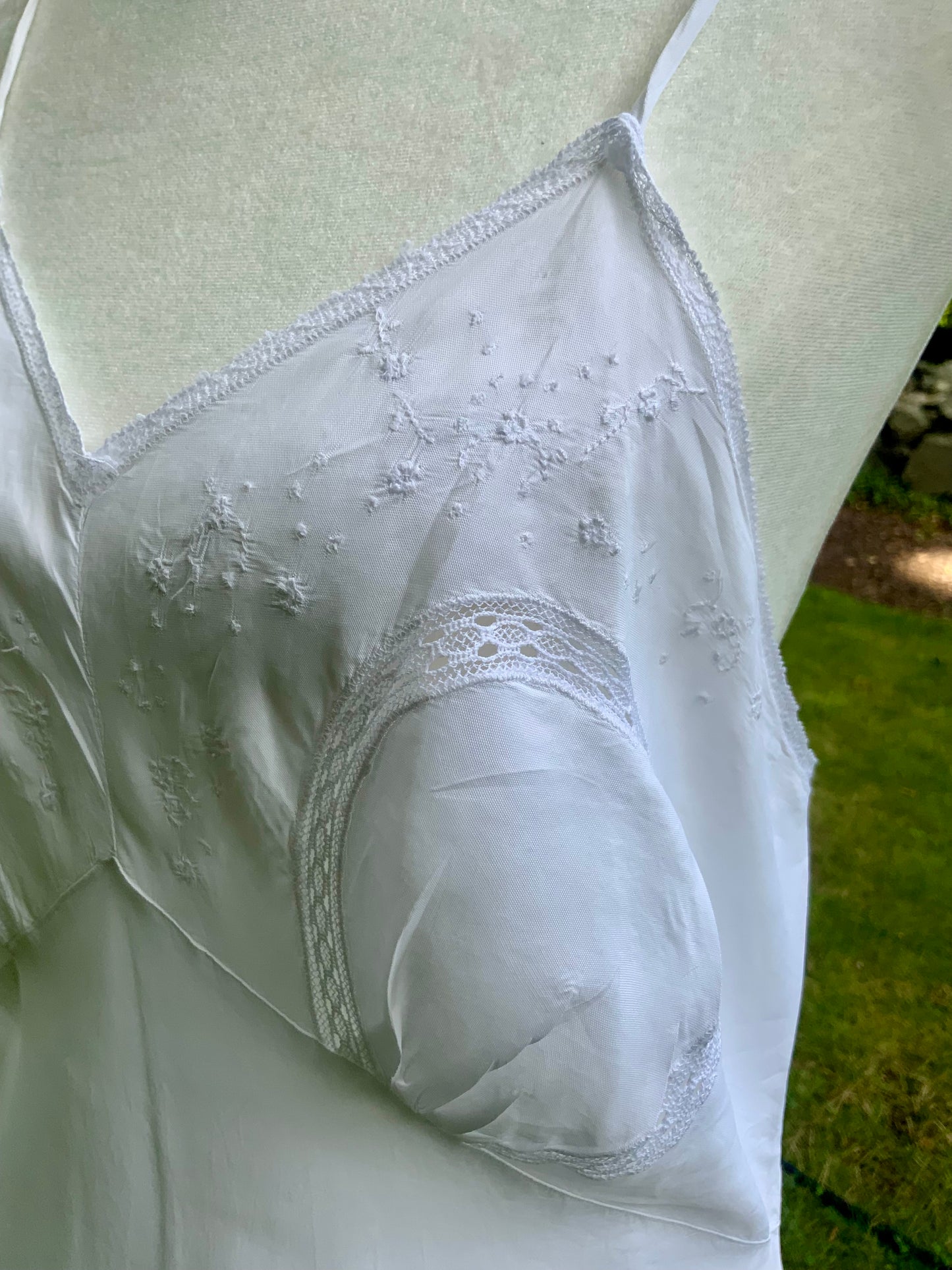 1930s White Satin Nightgown. Embroidered Bias Cut Slip Dress. Bridal Lingerie Gown .30CQ