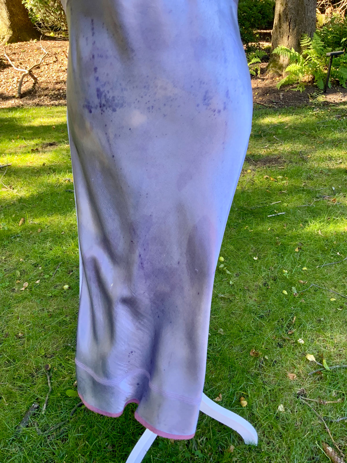 1930s/40s  Hand-Dyed Lilac Satin Slip Dress with Floral Embroidery.40BV