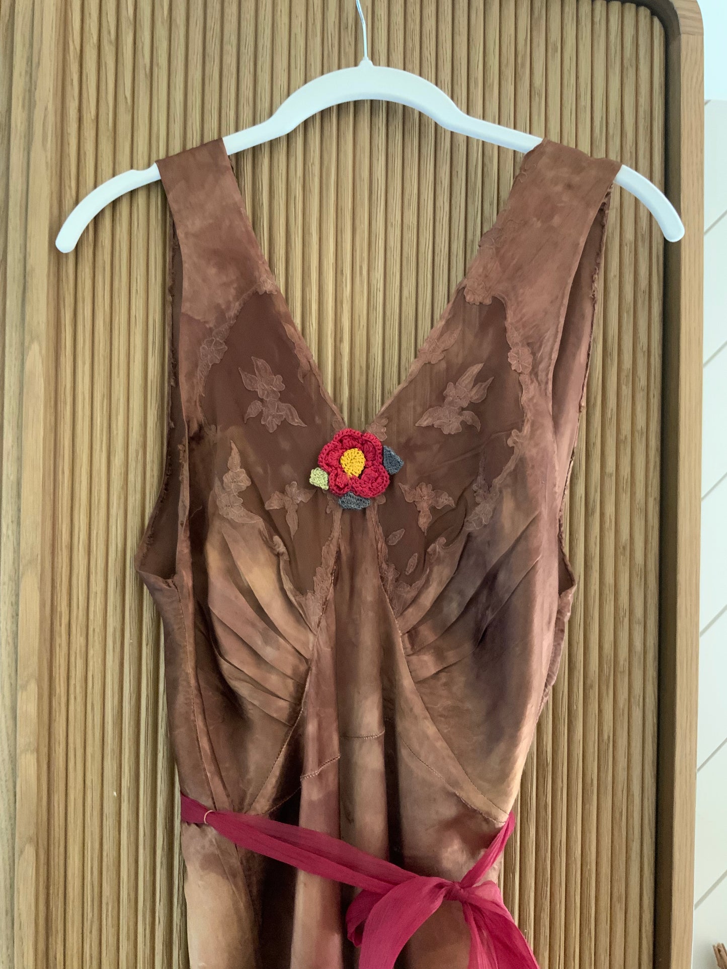 1930s Hand Dyed Silk Slip Dress Chocolate Brown Bias Cut Art Deco Embroidered Bodice OOAK
-40BK