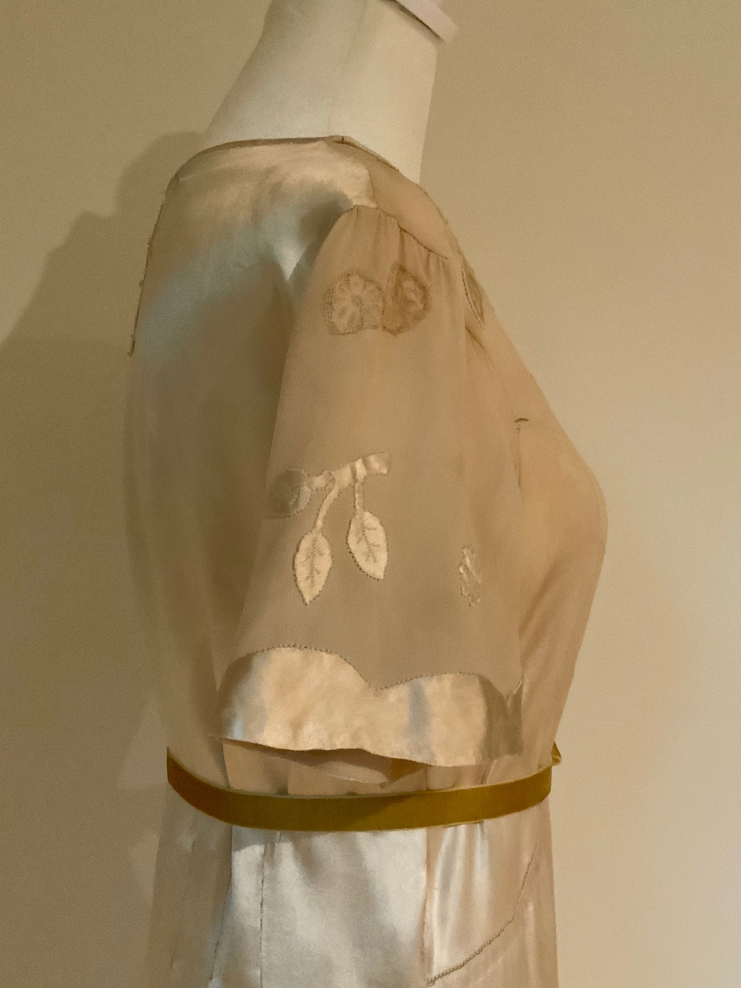 Rare 1930s Tea-Dyed Silk Hostess Gown with Original Floral Appliqué Details