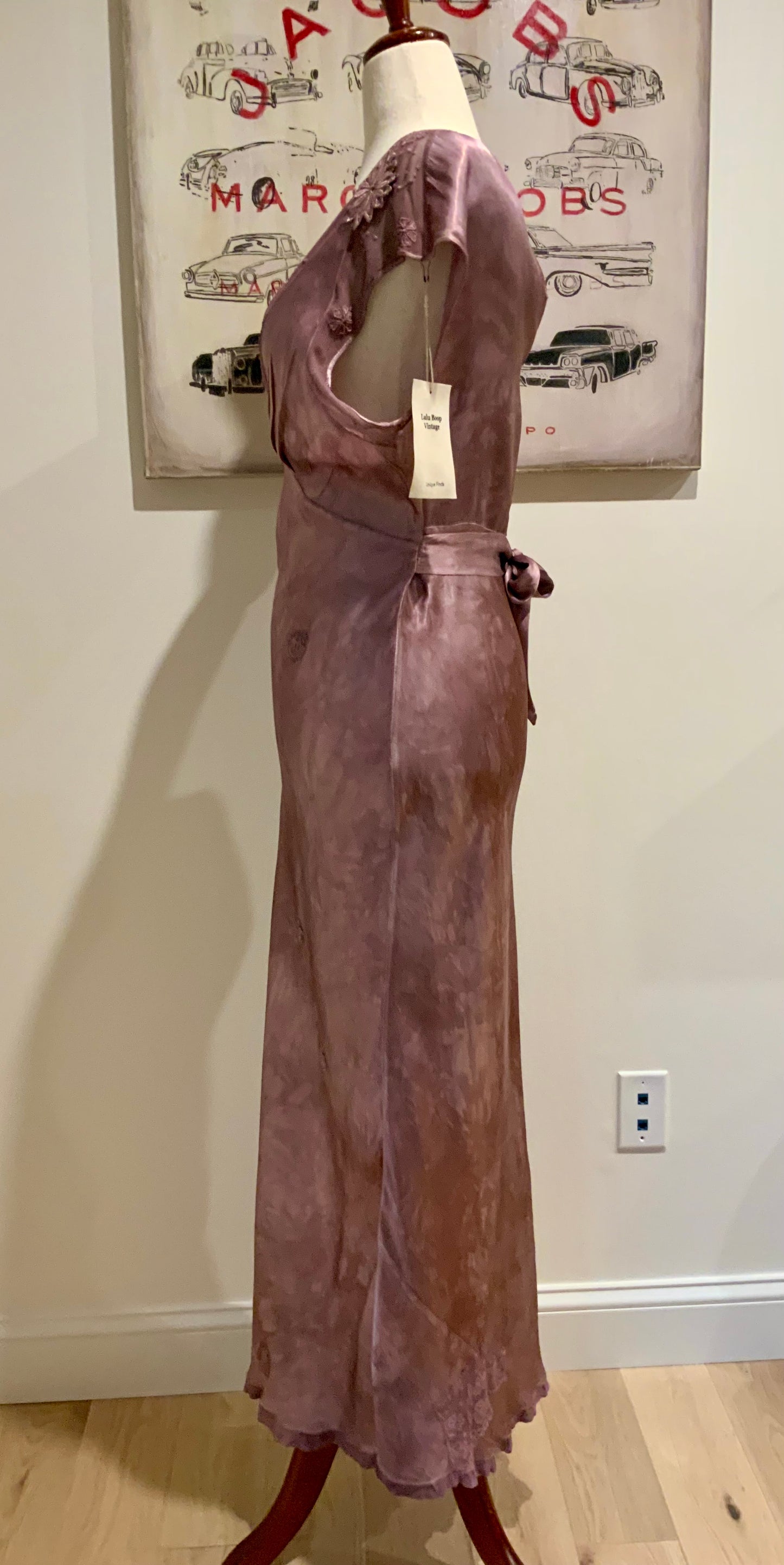 1930s Hand Dyed Mauve Bias Cut Evening Dress. Restyled Vintage Satin Gown.Embroidered Tulle.Lulu Boop Vintage-30CW
