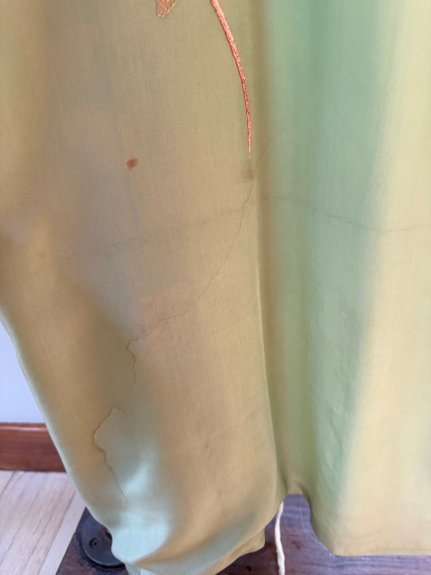 Vintage Japanese Silk Embroidered Kimono | Celadon Green Floral Robe
-40CD