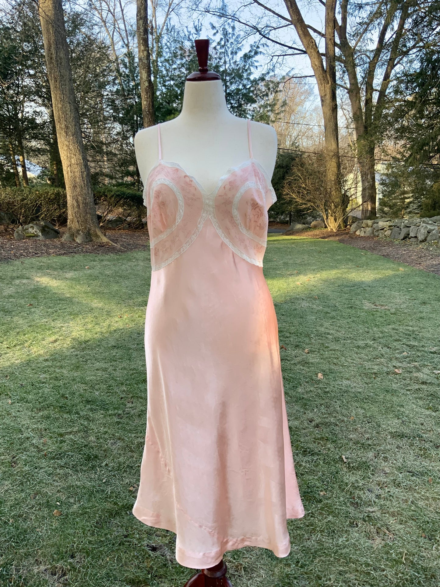 1930s Blush Satin & Chiffon Slip Dress – Floral Embroidery & Lace Panels - 30BA