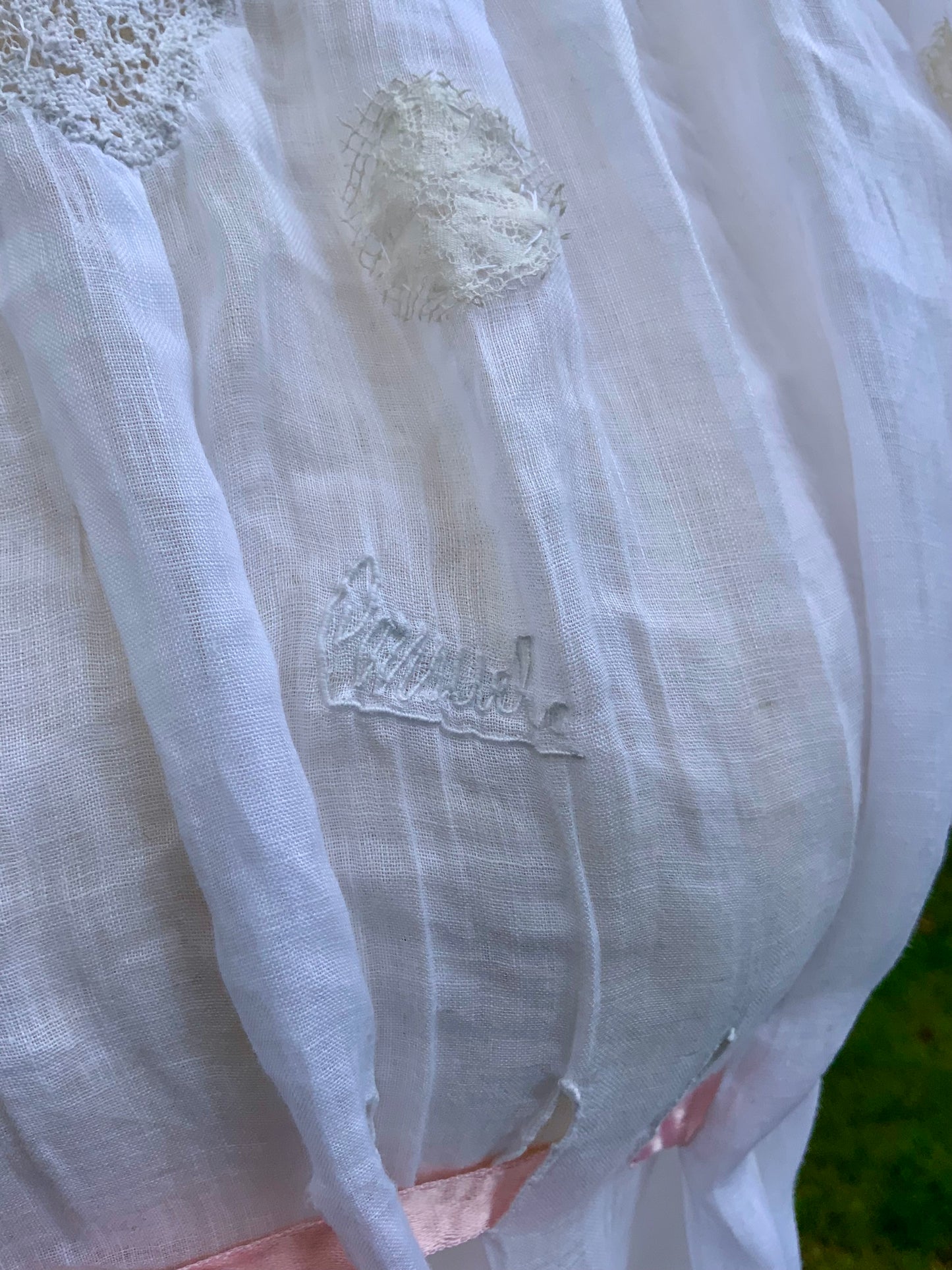 Antique Edwardian Cotton Nightgown “Carmela” Hand Repaired with Filet Lace Appliqués – Restored Heirloom Piece-ED81