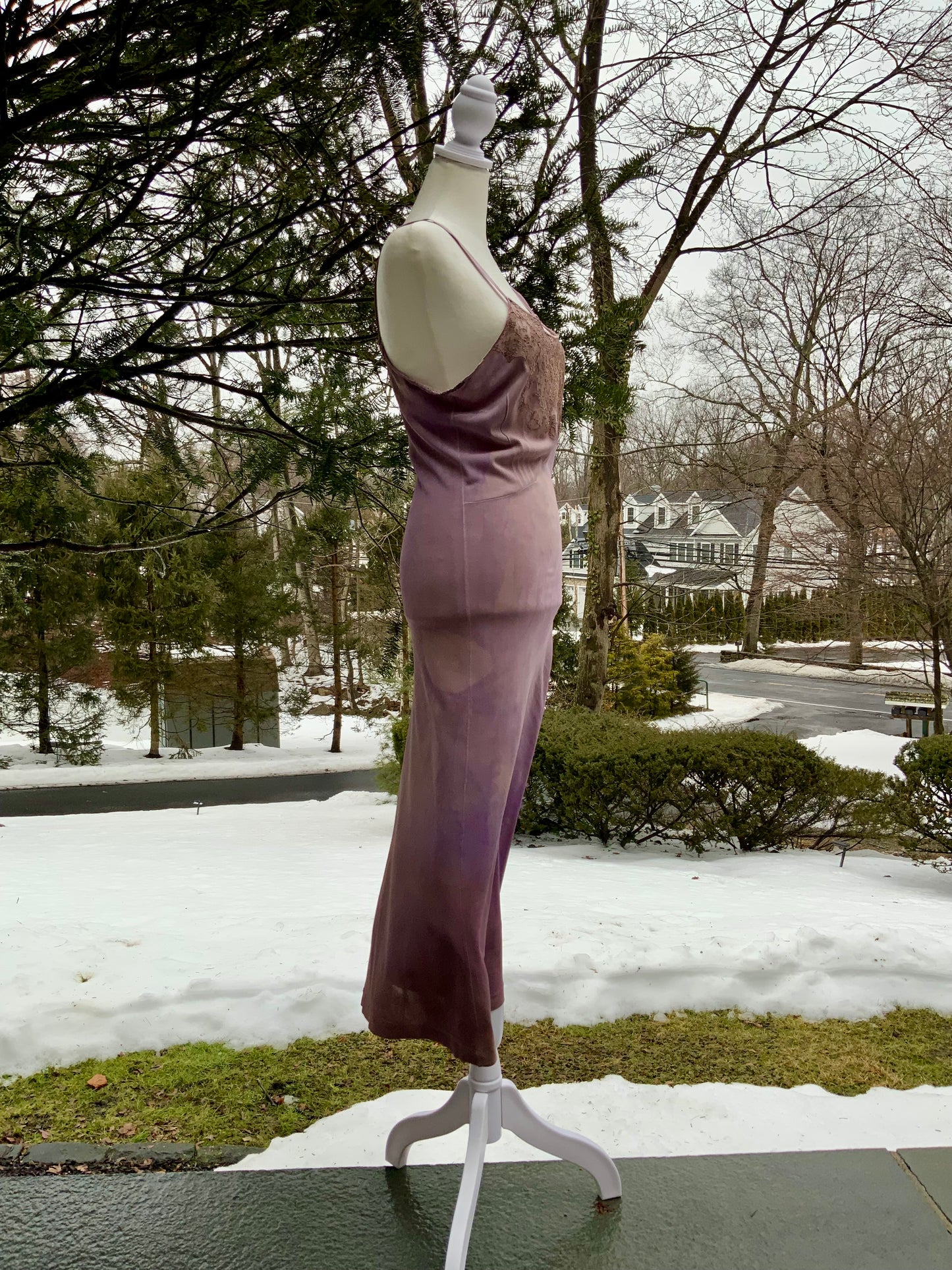 1990s Hand-Dyed Lilac Stretch Slip Dress • Lace Bust Vintage Boudoir Dress-90F