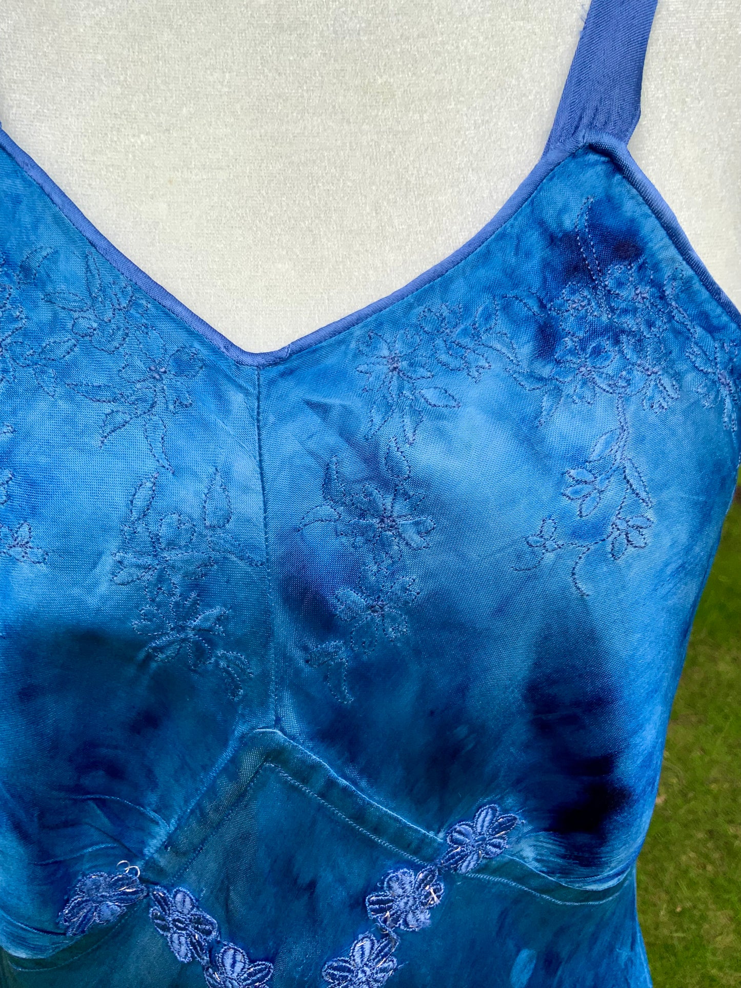 1930s Hand Dyed Blue Satin Nightgown with Floral Appliqués.40CG